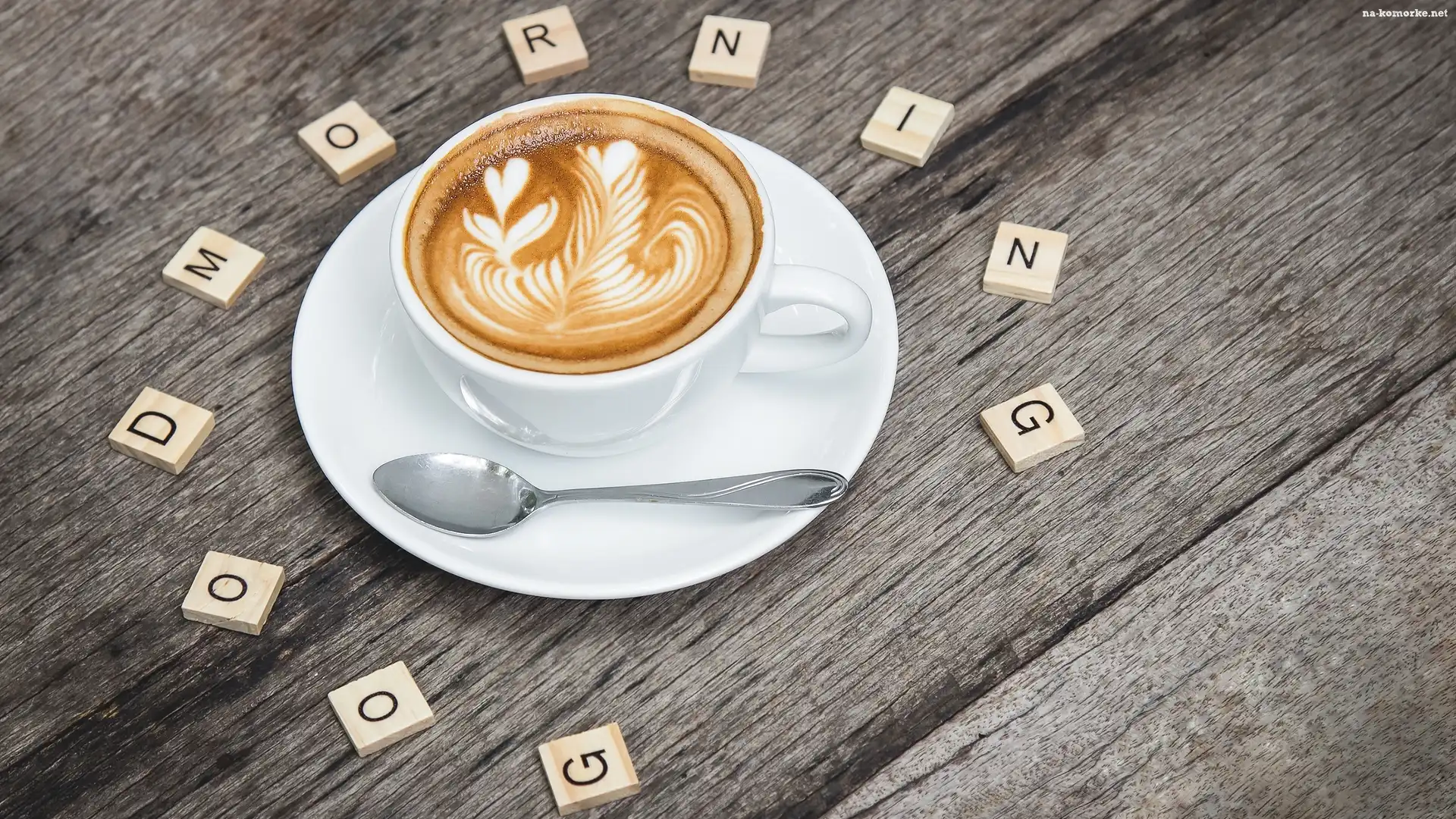 Kawa, Good Morning, Filiżanka, Dzień dobry, Cappuccino, Łyżeczka, Scrabble, Napis