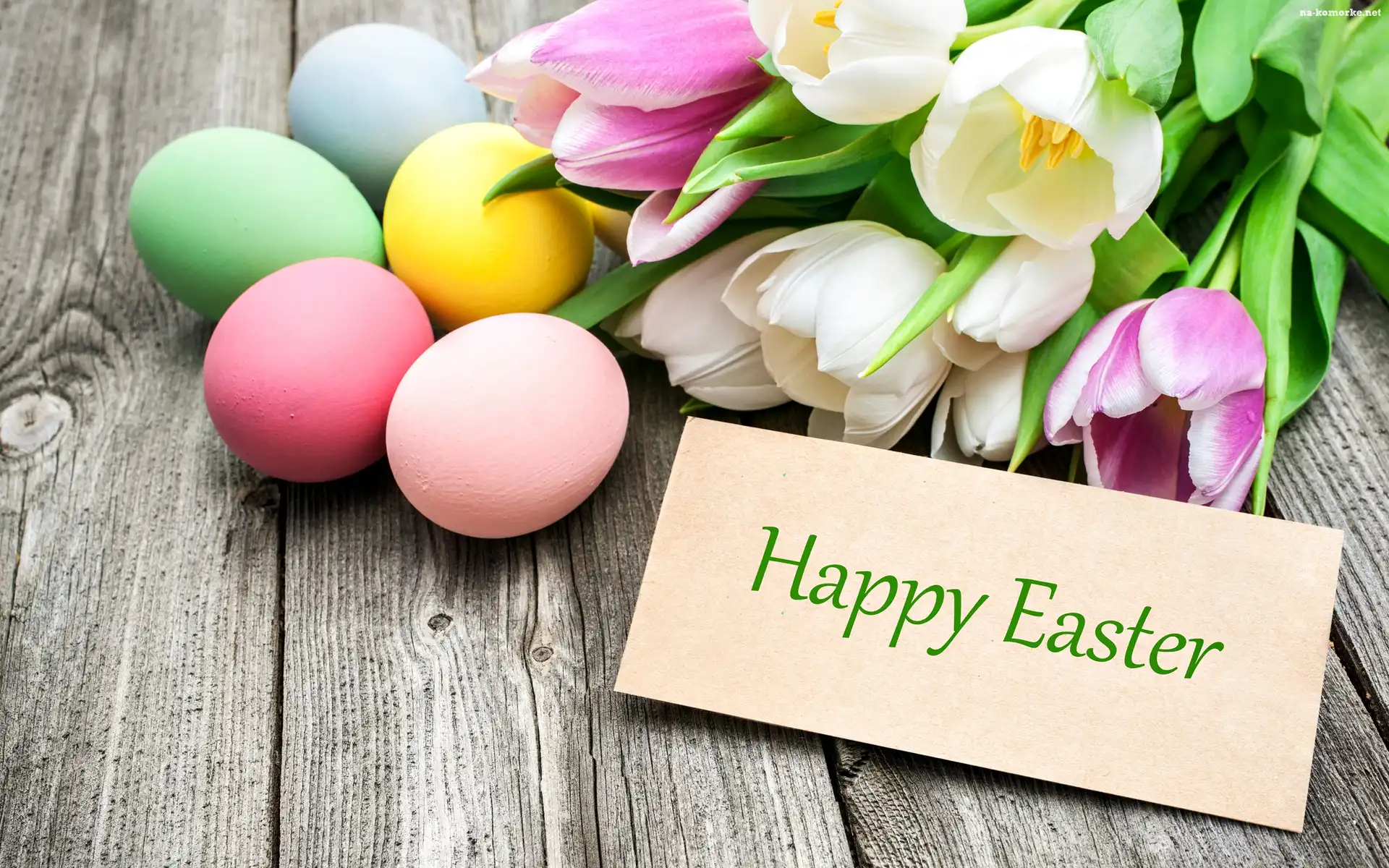 Wielkanoc, Napis, Happy Easter, Kolorowe, Pisanki, Tulipany, Kartka