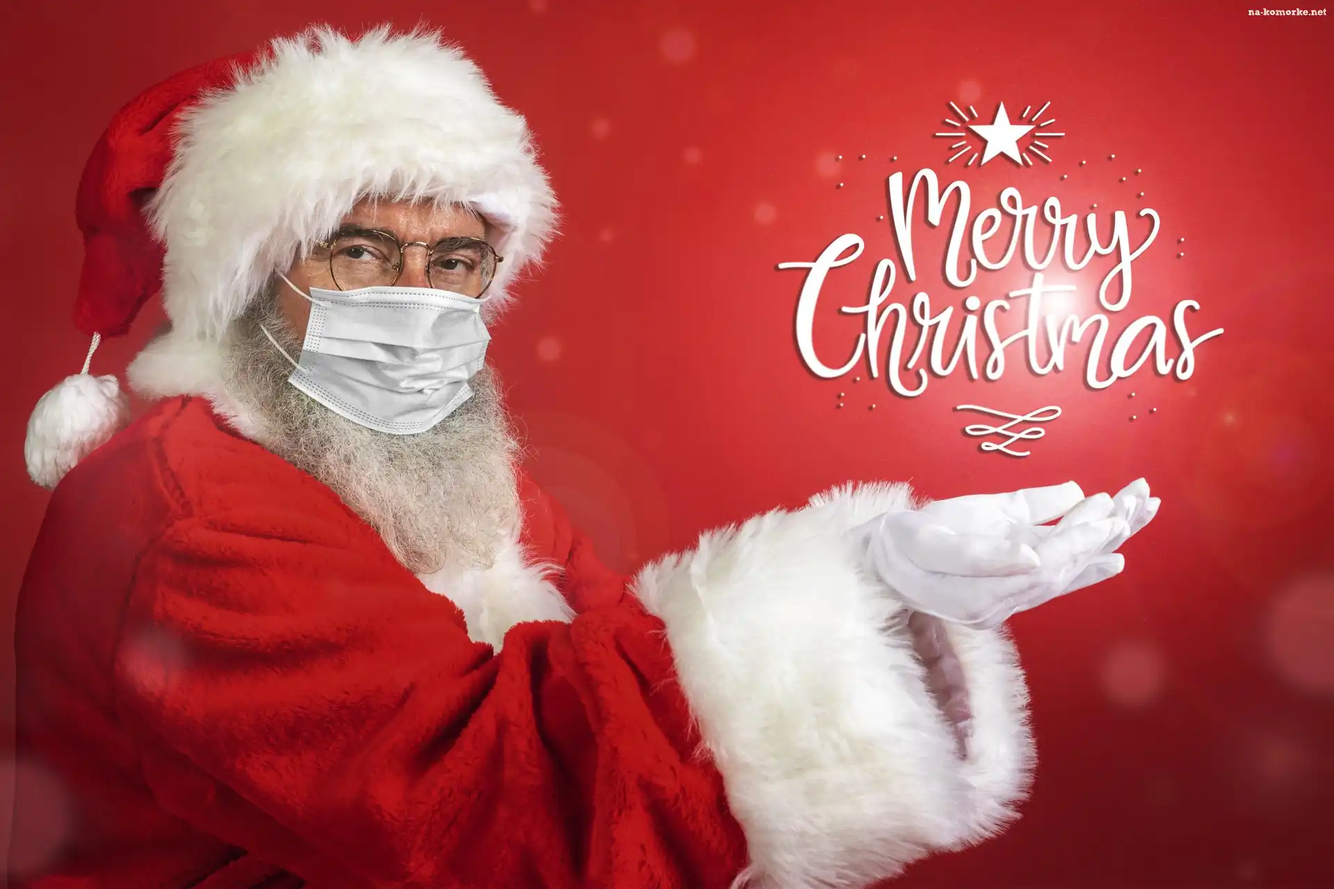 Mężczyzna, Napis, Merry Christmas, Kostium, Mikołaja, Okulary, Maseczka