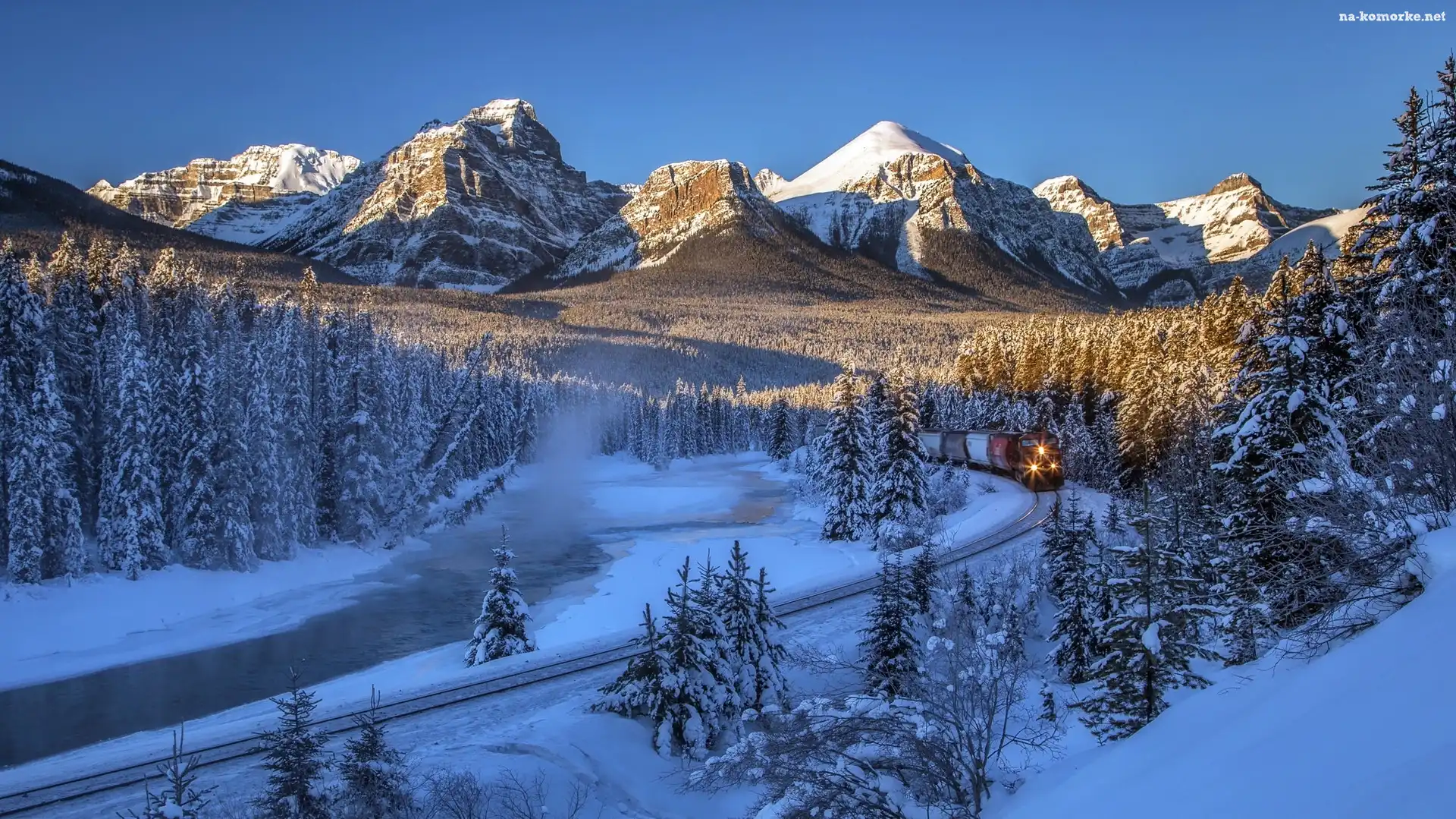 Zima, Park Narodowy Banff, Lasy, Rzeka, Góry, Pociąg, Kanada, Góry Skaliste