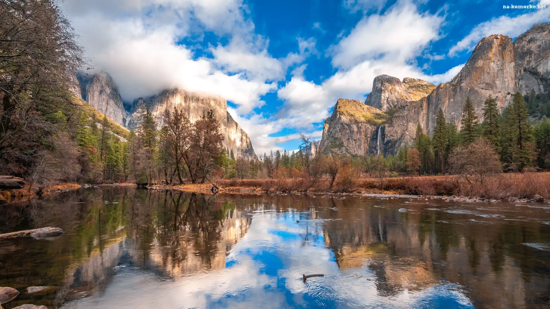 Stany Zjednoczone, Drzewa, Park Narodowy Yosemite, Chmury, Kalifornia, Góry Sierra Nevada, Rzeka, Merced River