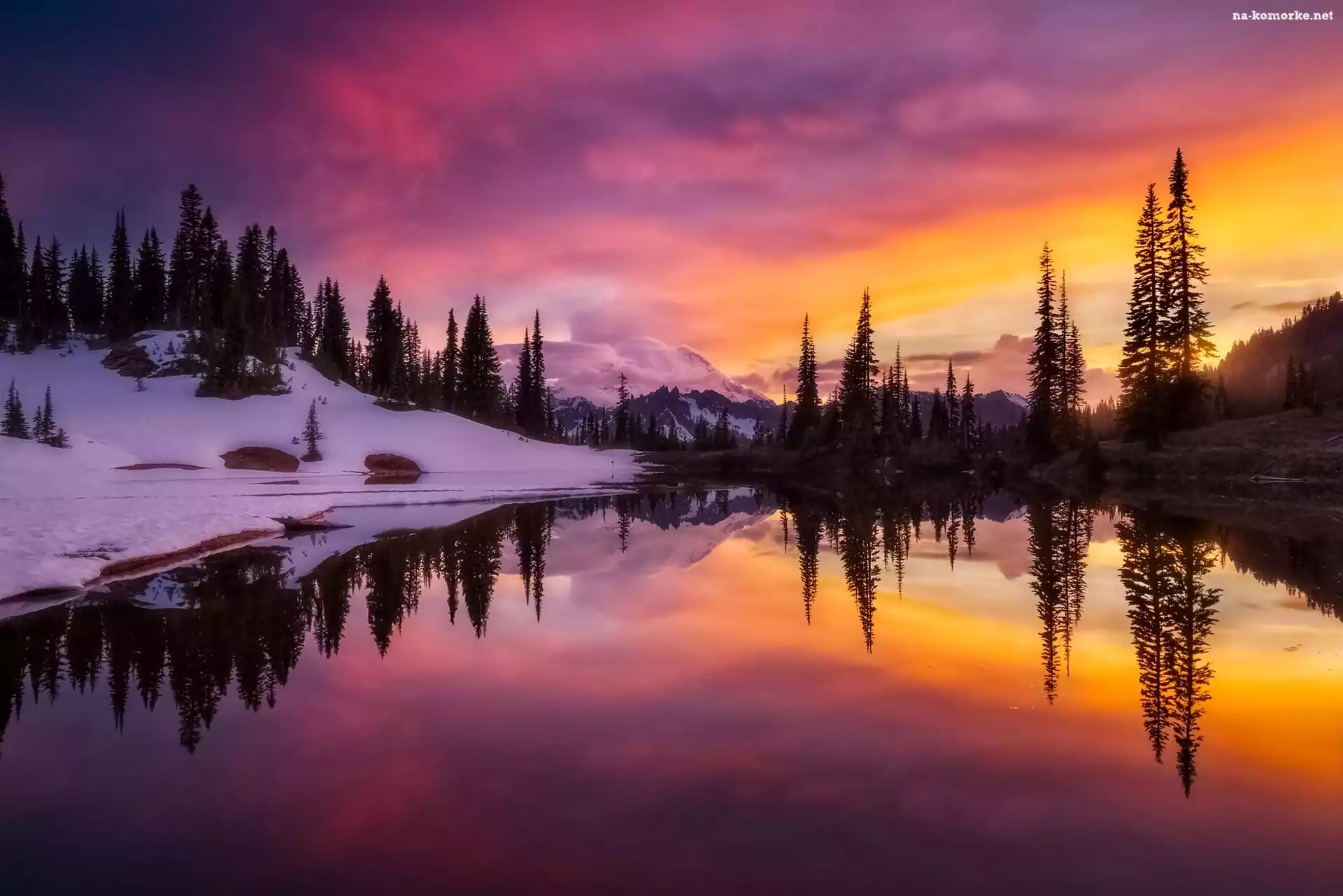Stany Zjednoczone, Zima, Park Narodowy Mount Rainier, Drzewa, Stan Waszyngton, Jezioro, Zachód Słońca, Góry