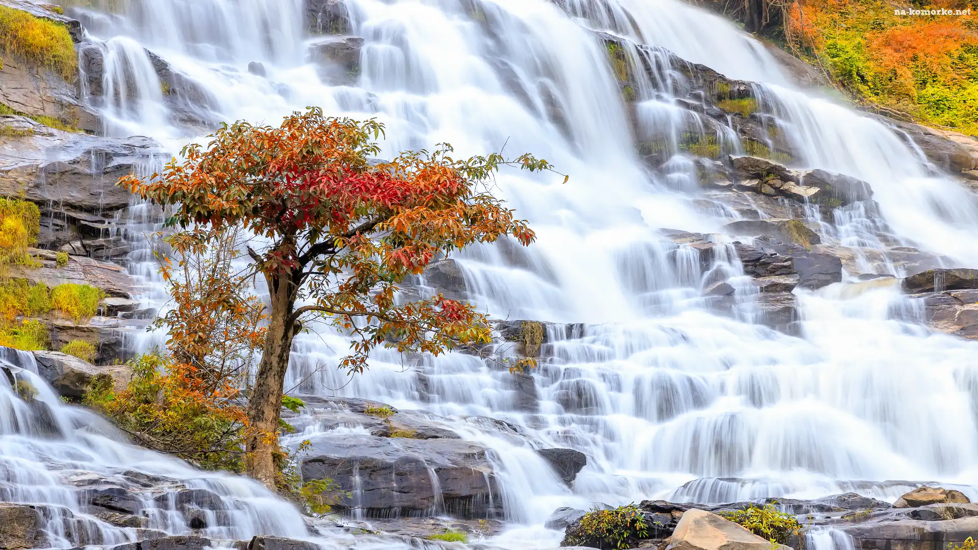 Skały, Chiang Mai, Mae Ya Waterfall, Jesień, Park Narodowy Doi Inthanon, Tajlandia, Wodospad, Drzewo