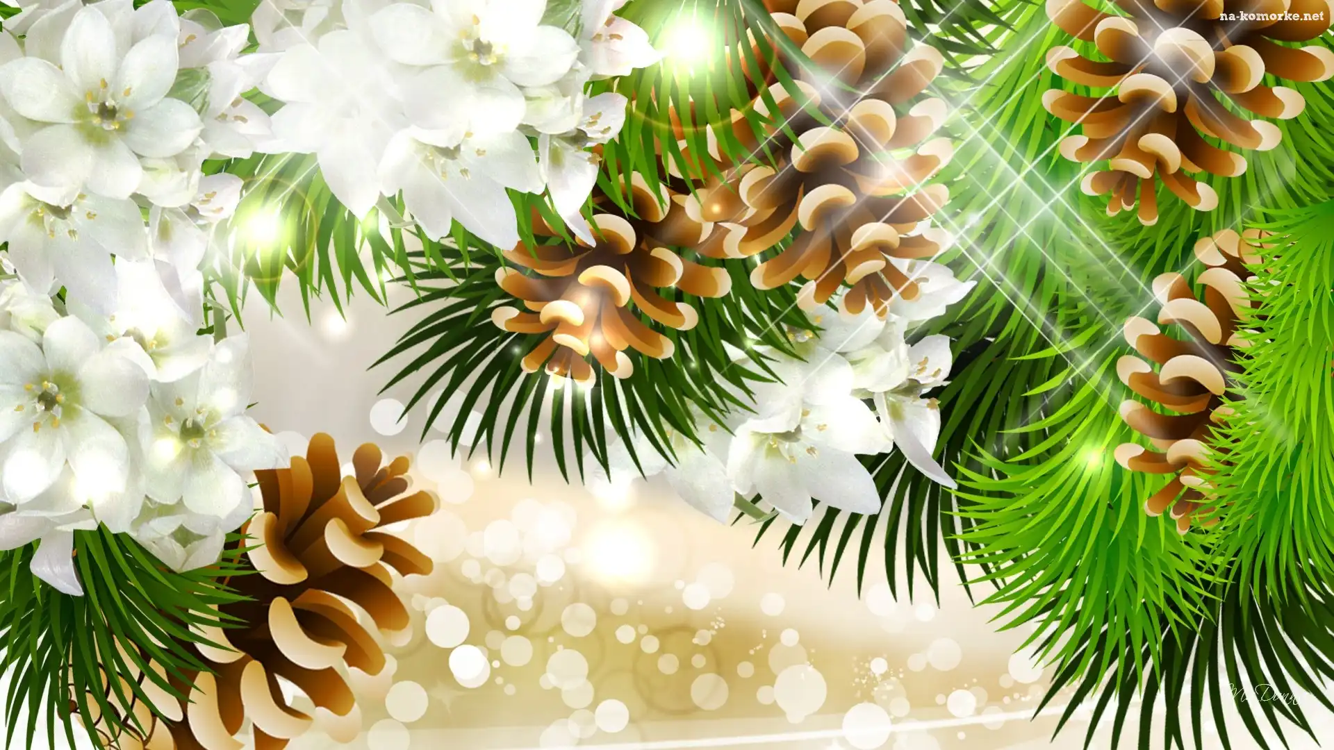 Kwiaty, Narodzenie, Grafika, Gałązki, Iglaka, Szyszki, Boże