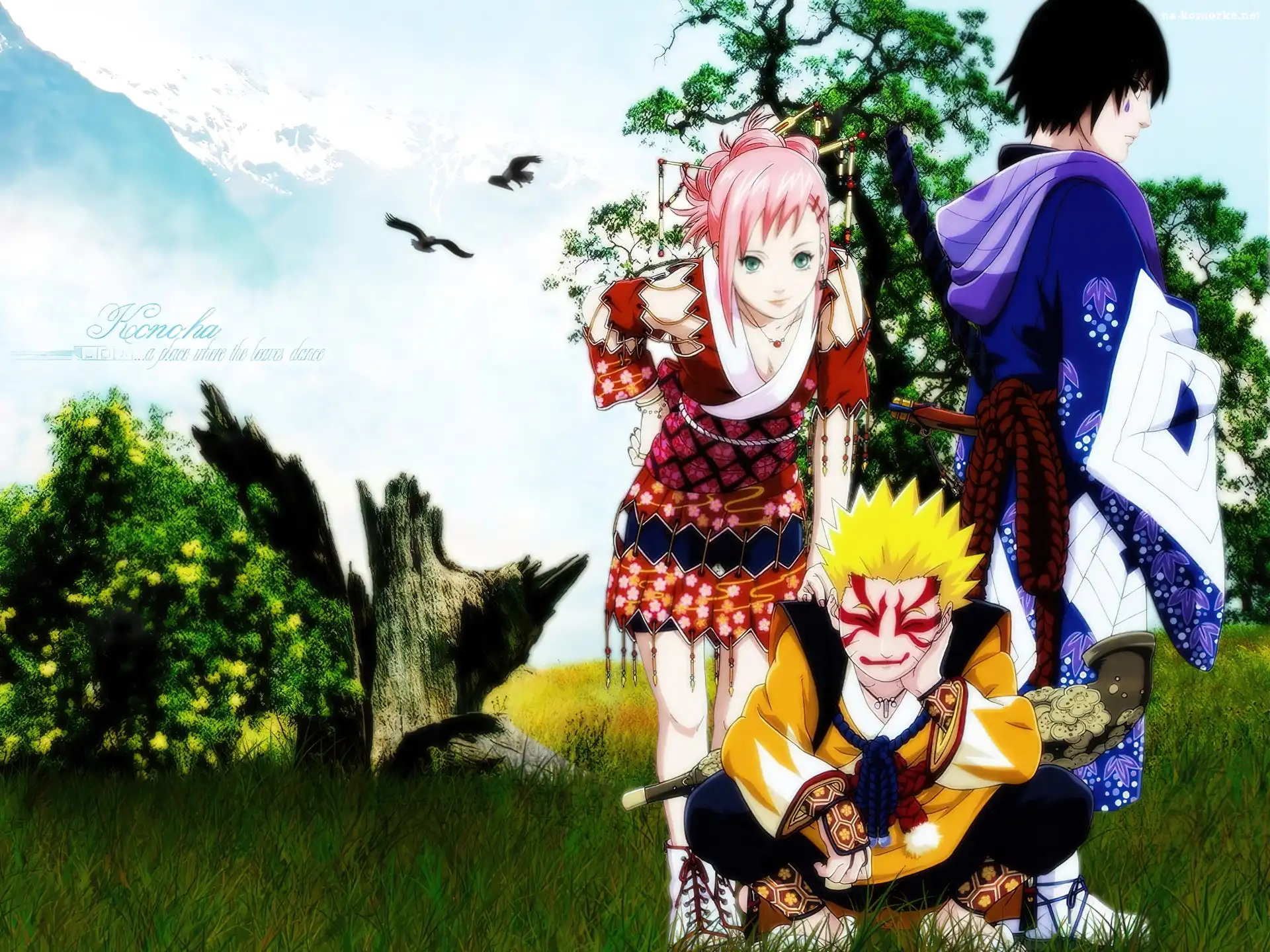 Naruto, drzewa, ludzie, ptaki