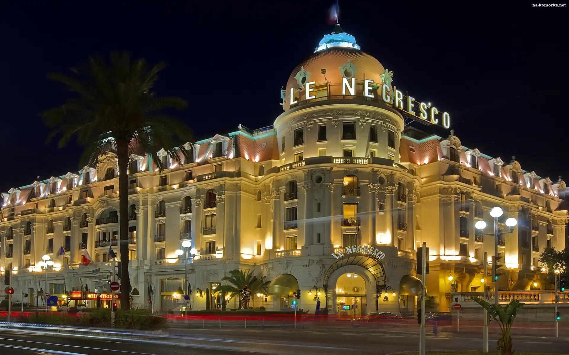 Hotel Negresco, Światła, Noc, Francja, Ulica, Nicea