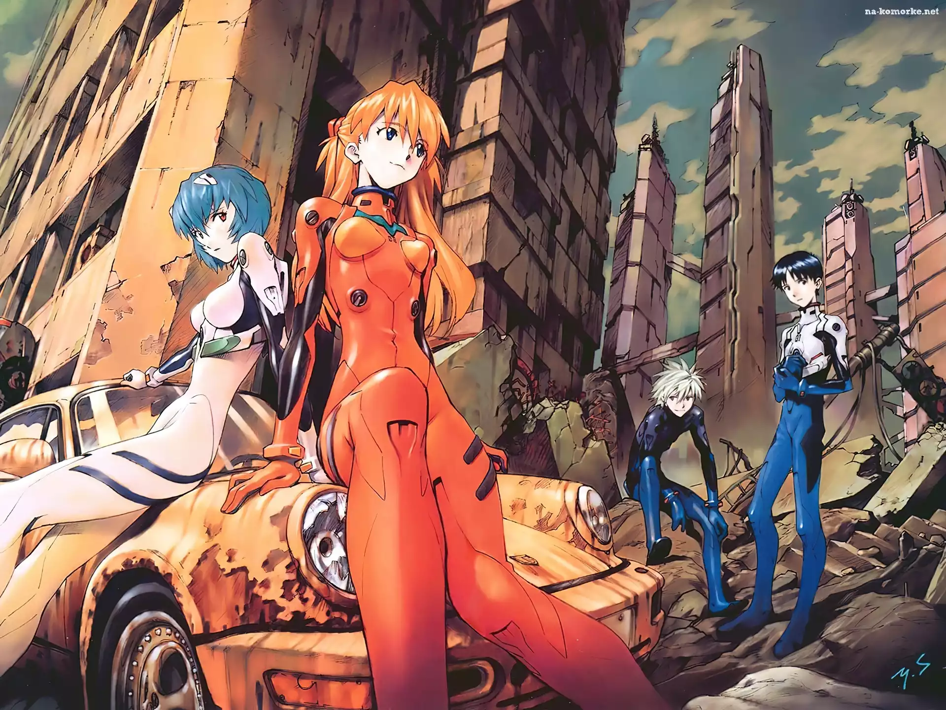 Neon Genesis Evangelion, ludzie, ruiny, auto