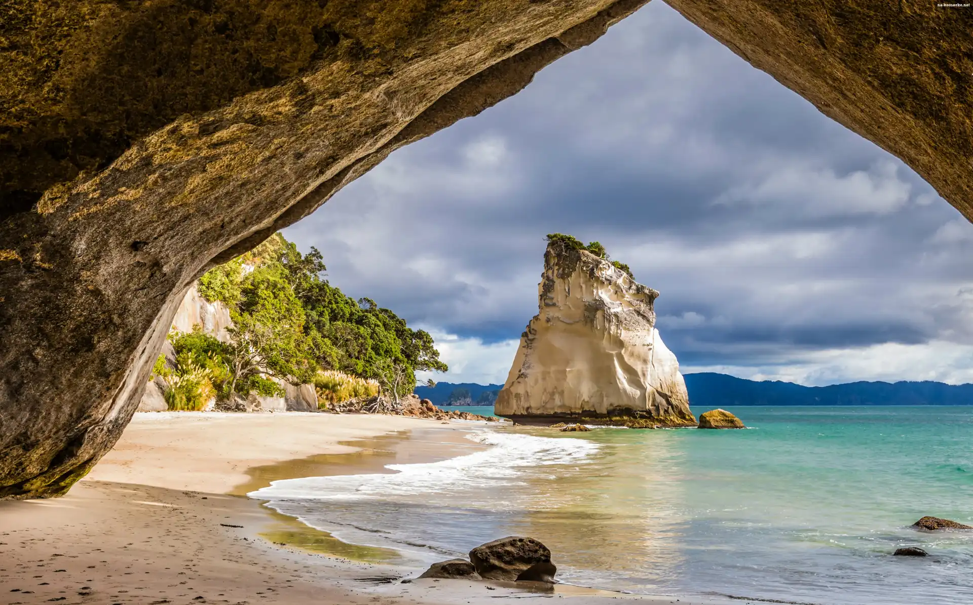New Zealand, Skała, Morze, Plaża