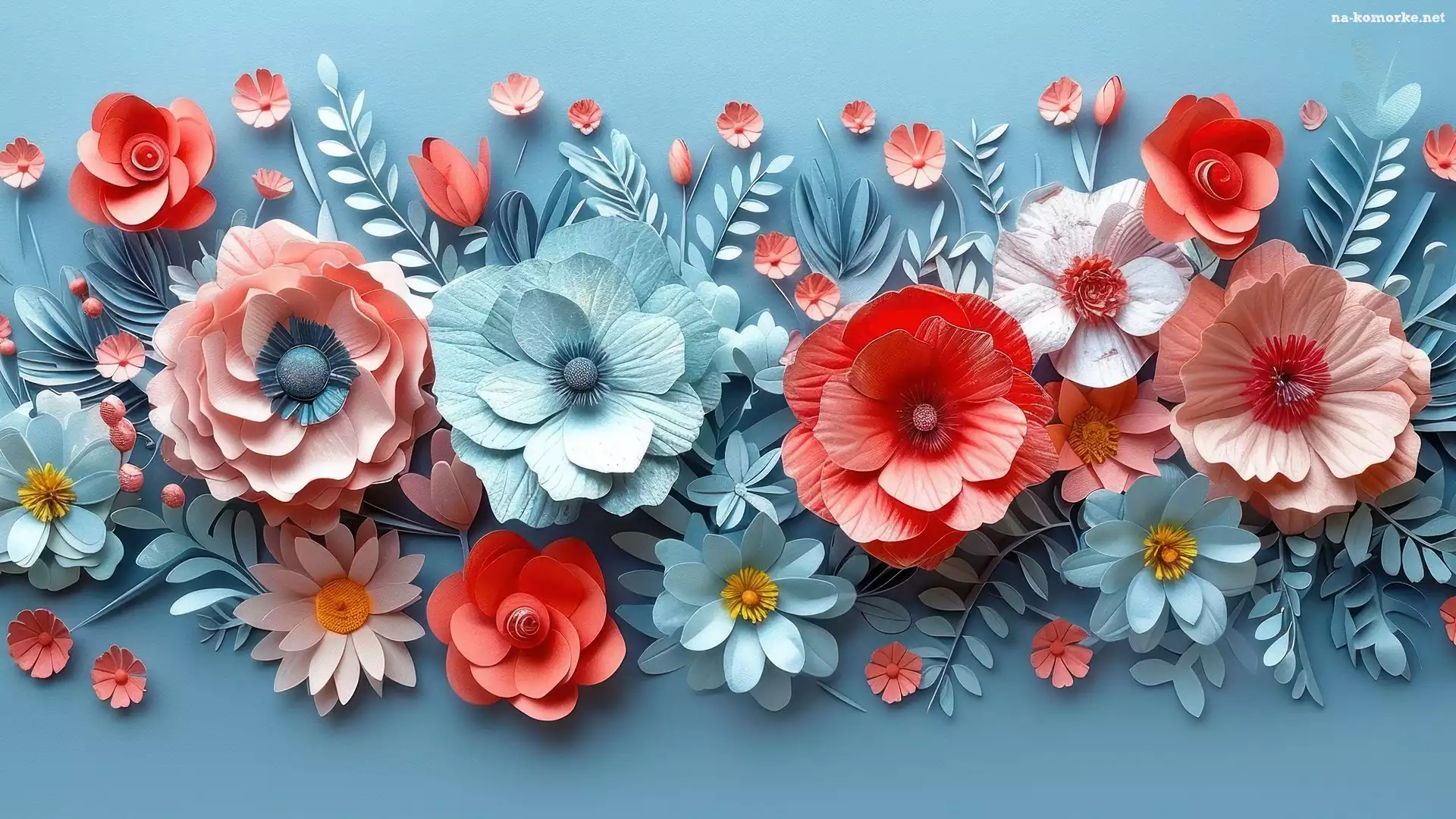 Czerwone, Kwiaty, Grafika, Niebieskie