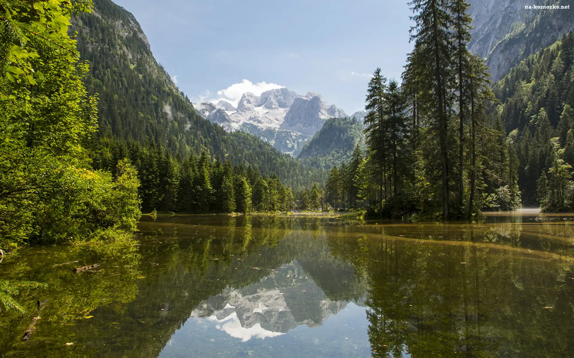 Austria, Chmury, Jezioro Gosauseen, Mgła, Góry Dachstein, Drzewa, Las, Niebo