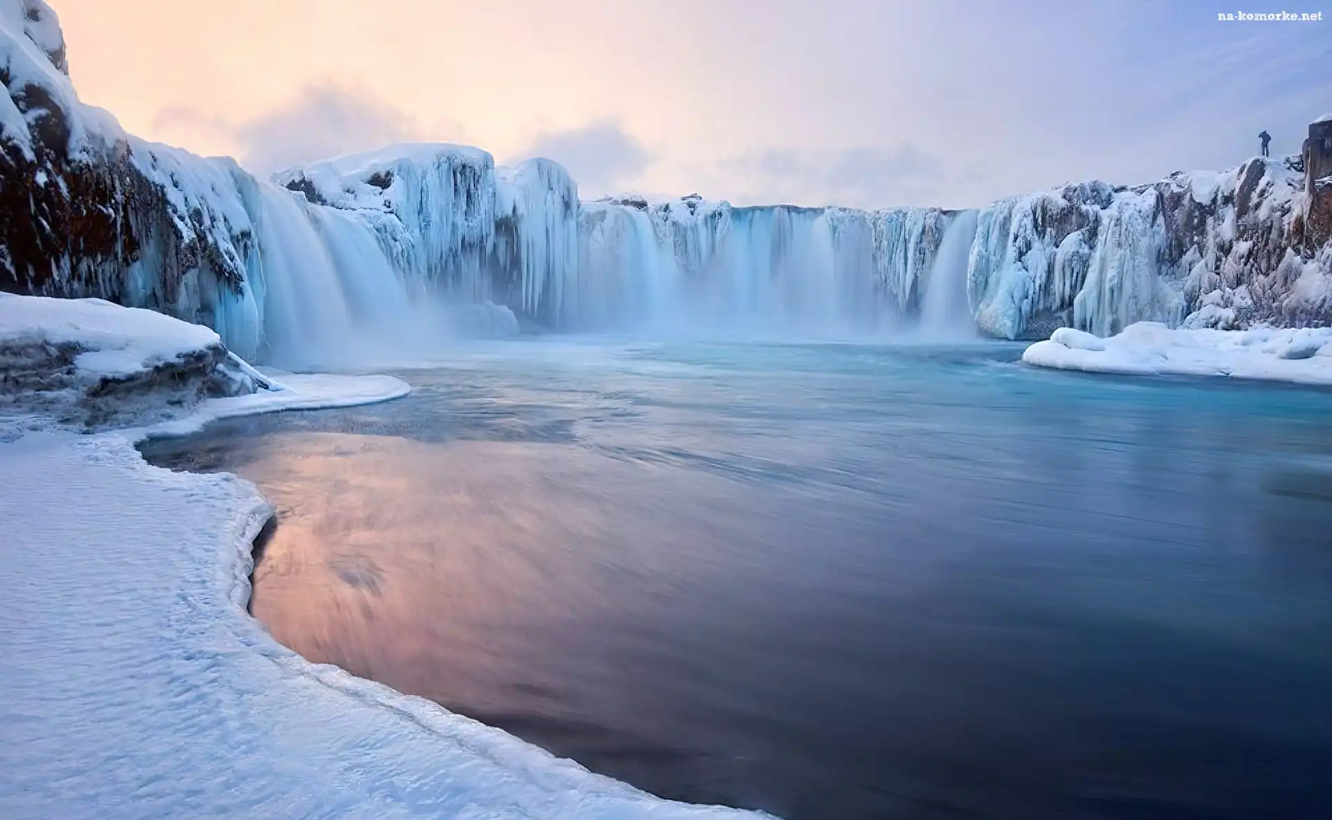 Śnieg, Rzeka, Wodospad Godafoss, Islandia, Zima