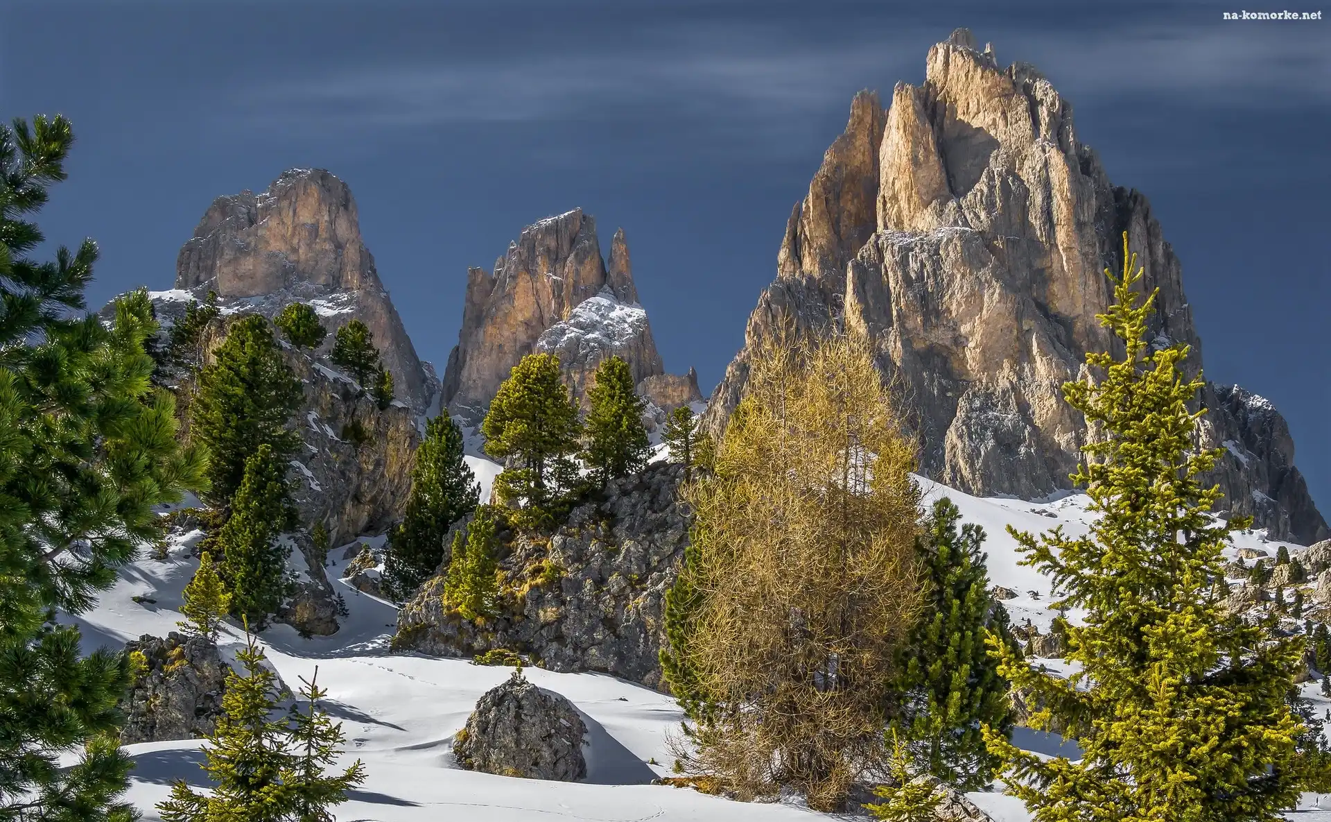 Góry, Śnieg, Włochy, Dolomity, Sassolungo Langkofel, Skały, Drzewa