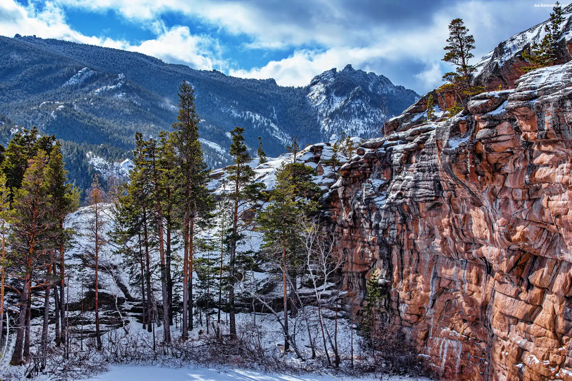 Góry, Park Narodowy Karkaraly, Kazachstan, Skały, Drzewa, Sosny, Śnieg