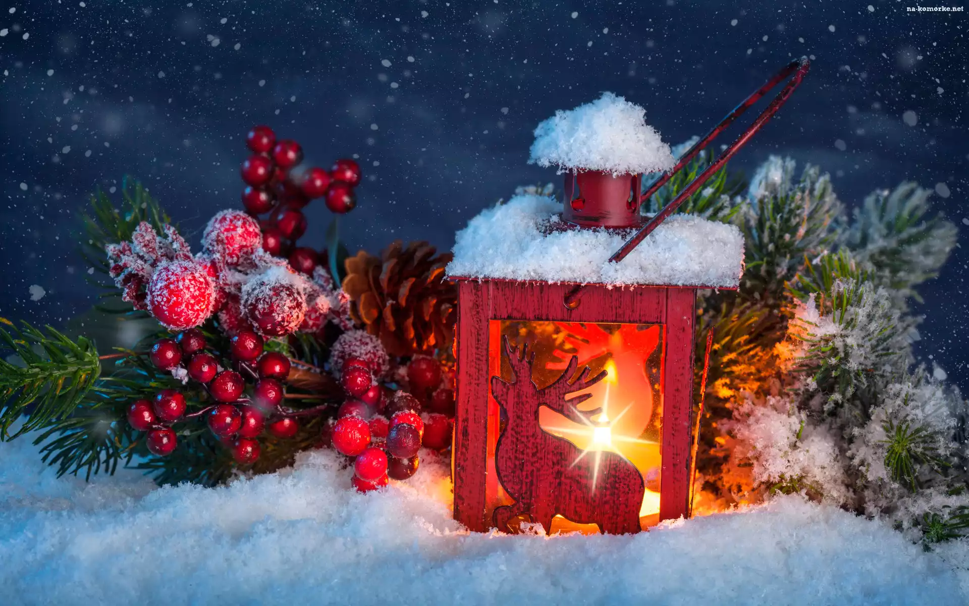 Ozdoby, Śnieg, Lampion, Kompozycja, Gałązki, Boże Narodzenie