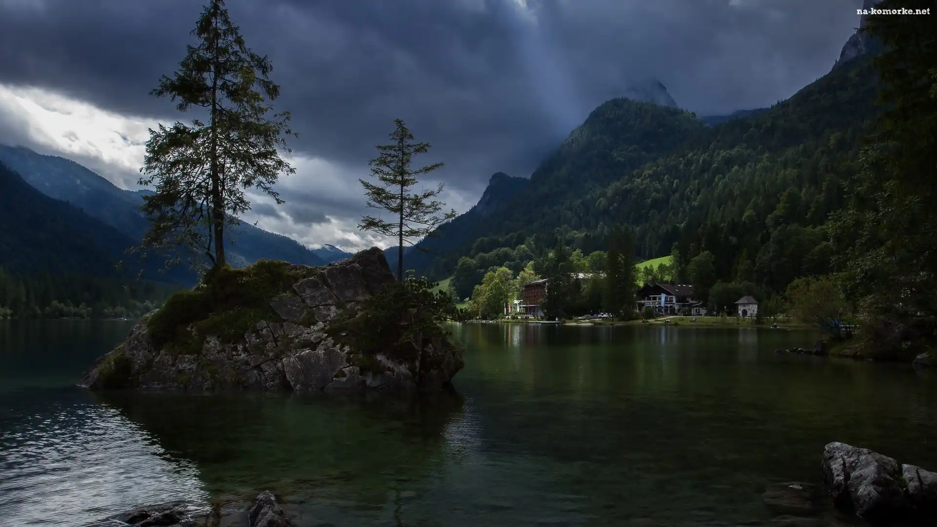 Domy, Drzewa, Góry, Niemcy, Hintersee, Skały, Jezioro