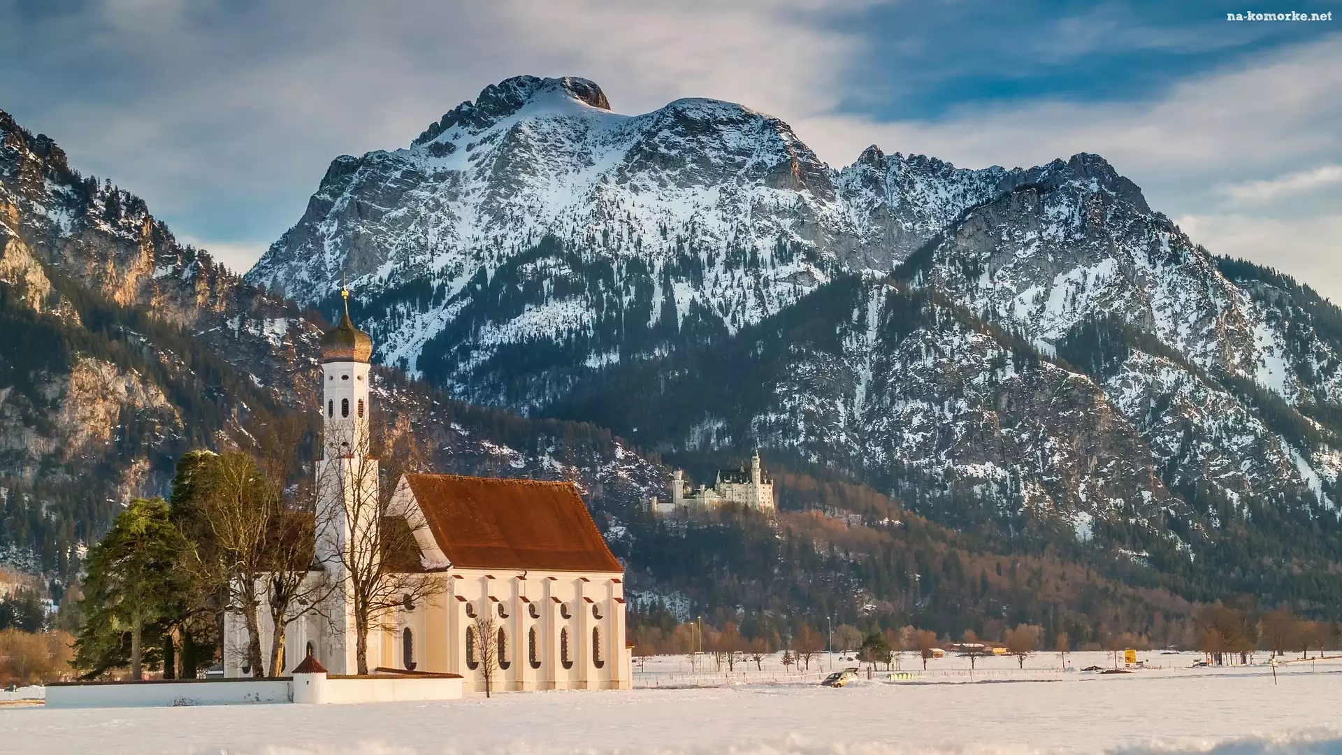 Góry, Bawaria, Niemcy, Alpy, Kościół Eglise Saint Coloman, Zima, Region Allgau