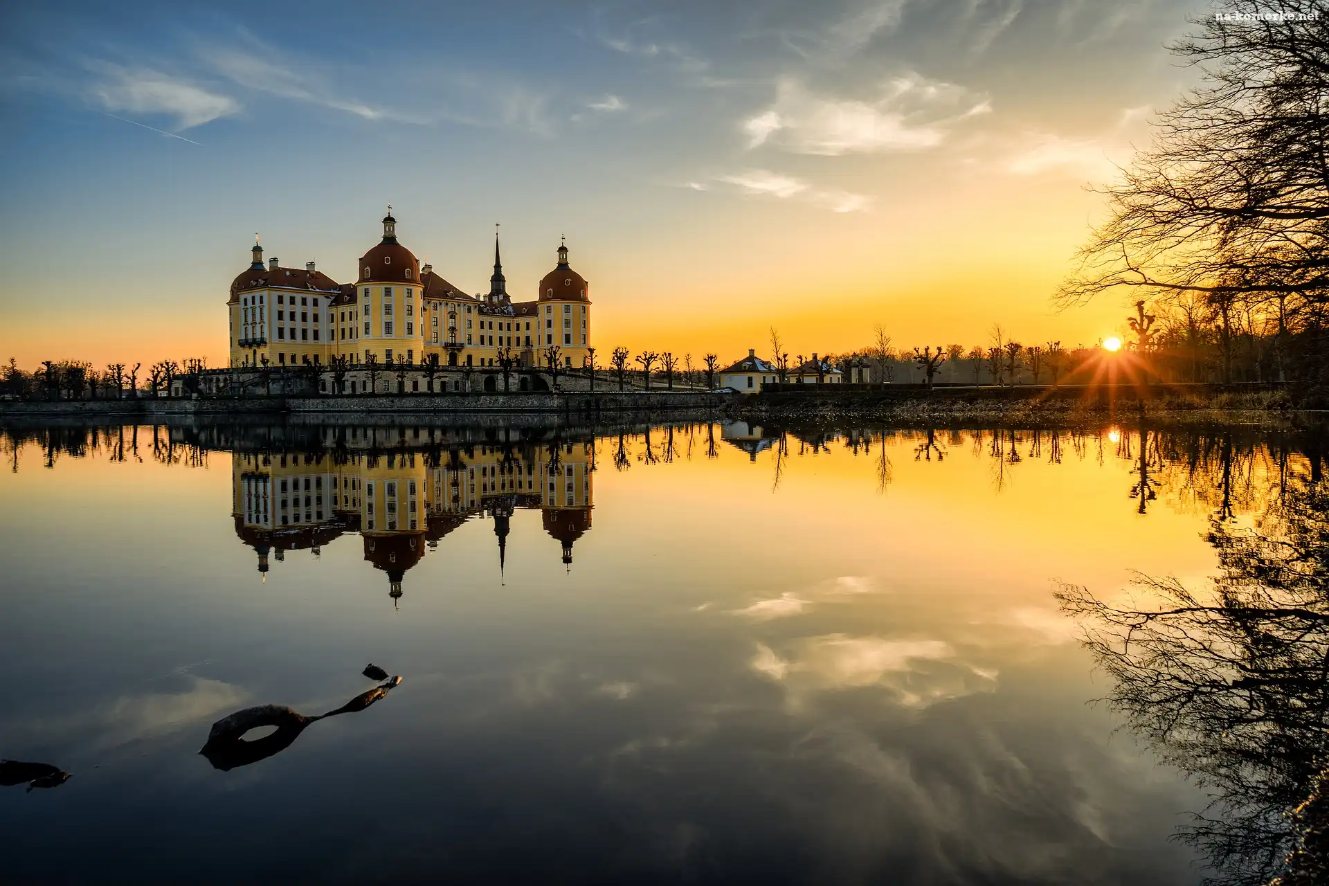 Niemcy, Pałac Moritzburg, Drezno, Zachód słońca, Saksonia, Jezioro Waldsee