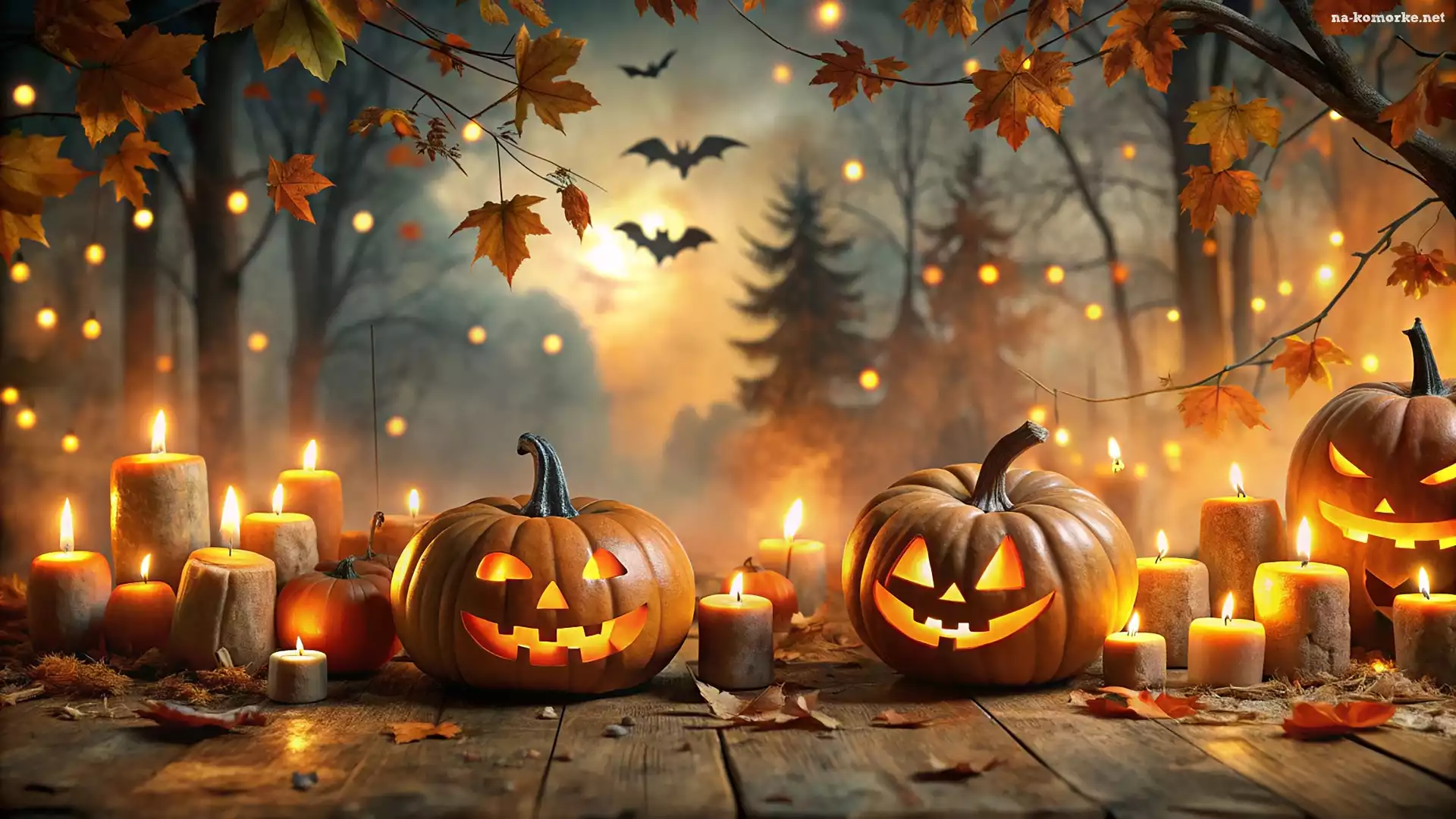Drzewa, Grafika, Åšwiece, Nietoperze, Dynie, Halloween