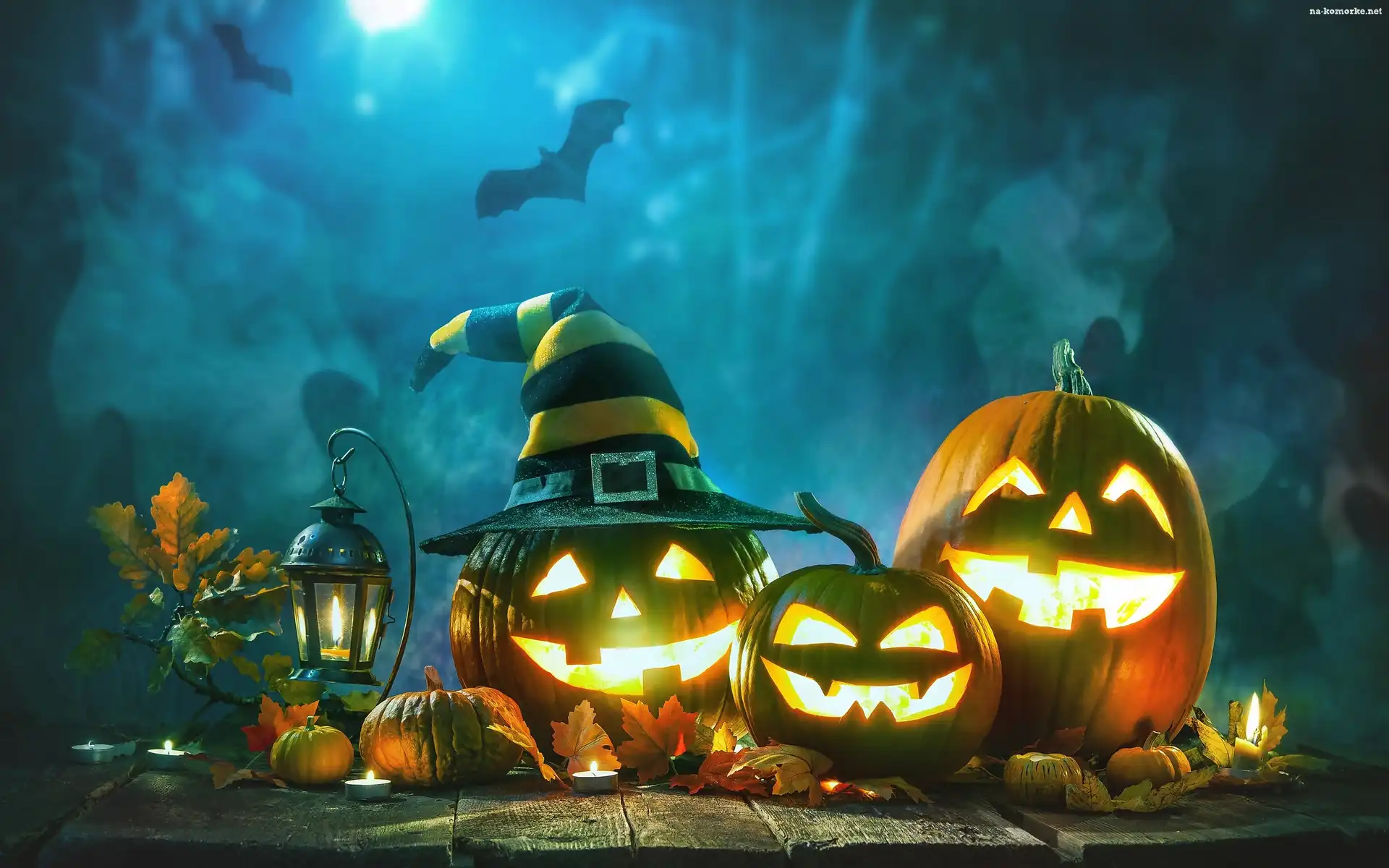 Nietoperze, Lampion, Dynie, Halloween, Liście, Noc