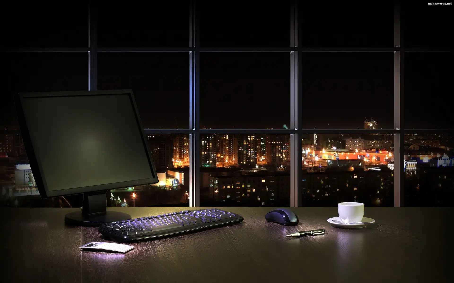 Noc, Wnętrze, Biurko, Laptop, Miasto