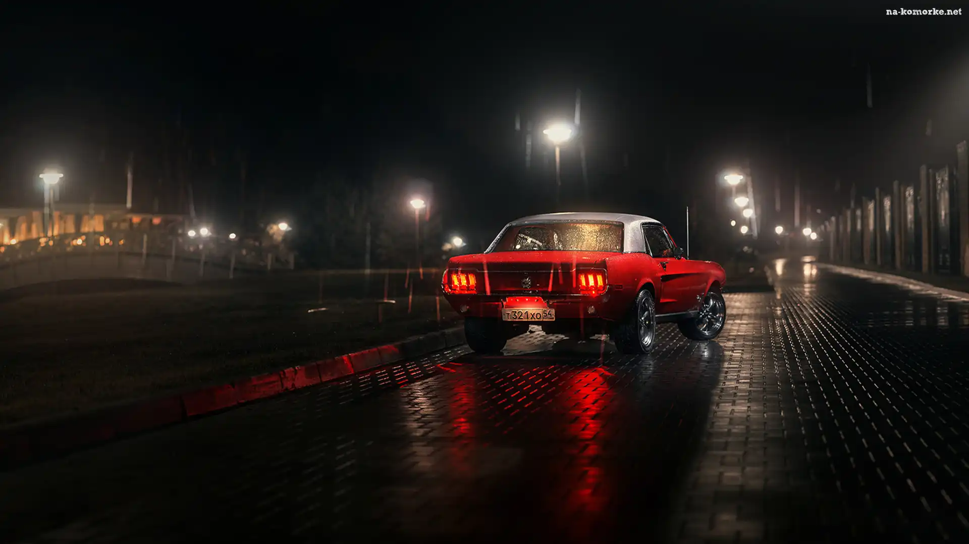Noc, Czerwony, Ford, Mustang, Deszcz