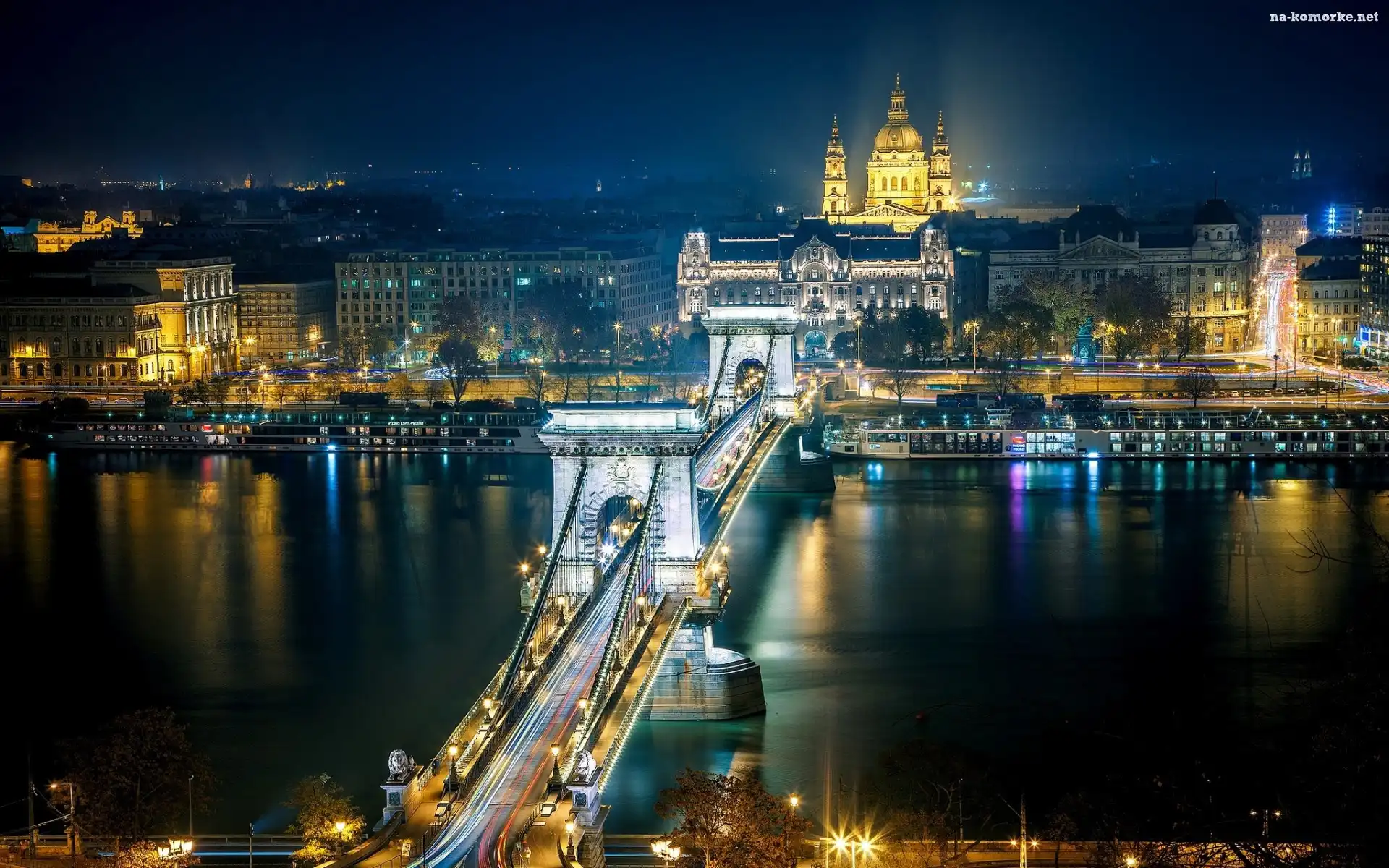 Rzeka, Dunaj, Panorama, Węgry, Most, Miasta, Noc, Budapeszt