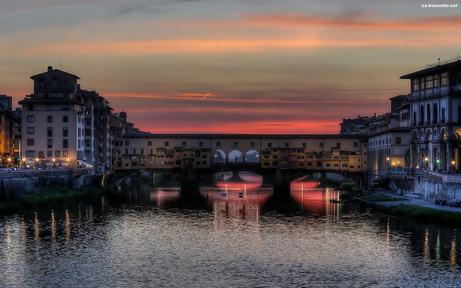 Noc, Włochy, Florencja, Most, Ponte Vecchio