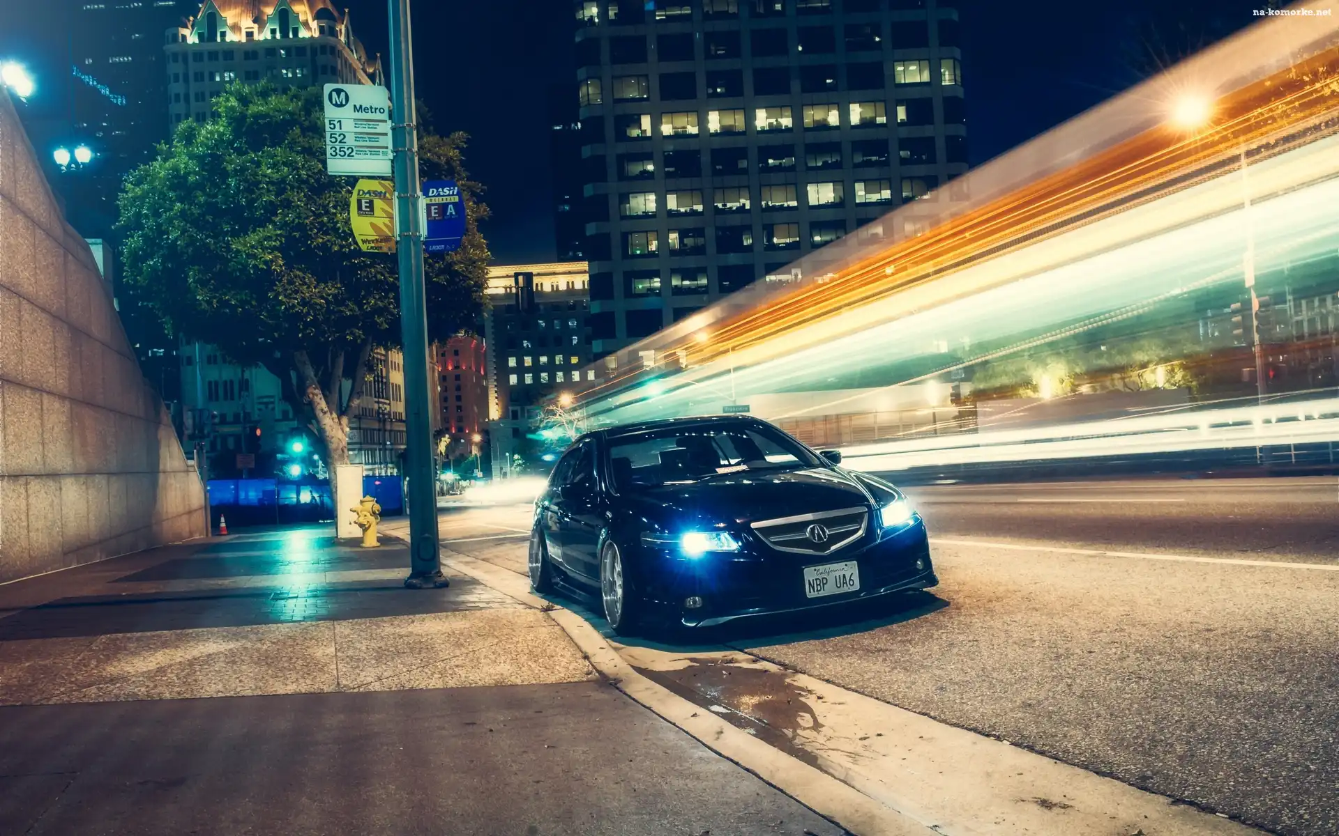 Noc, Acura TSX, Miasto, Wieżowce, Ulica
