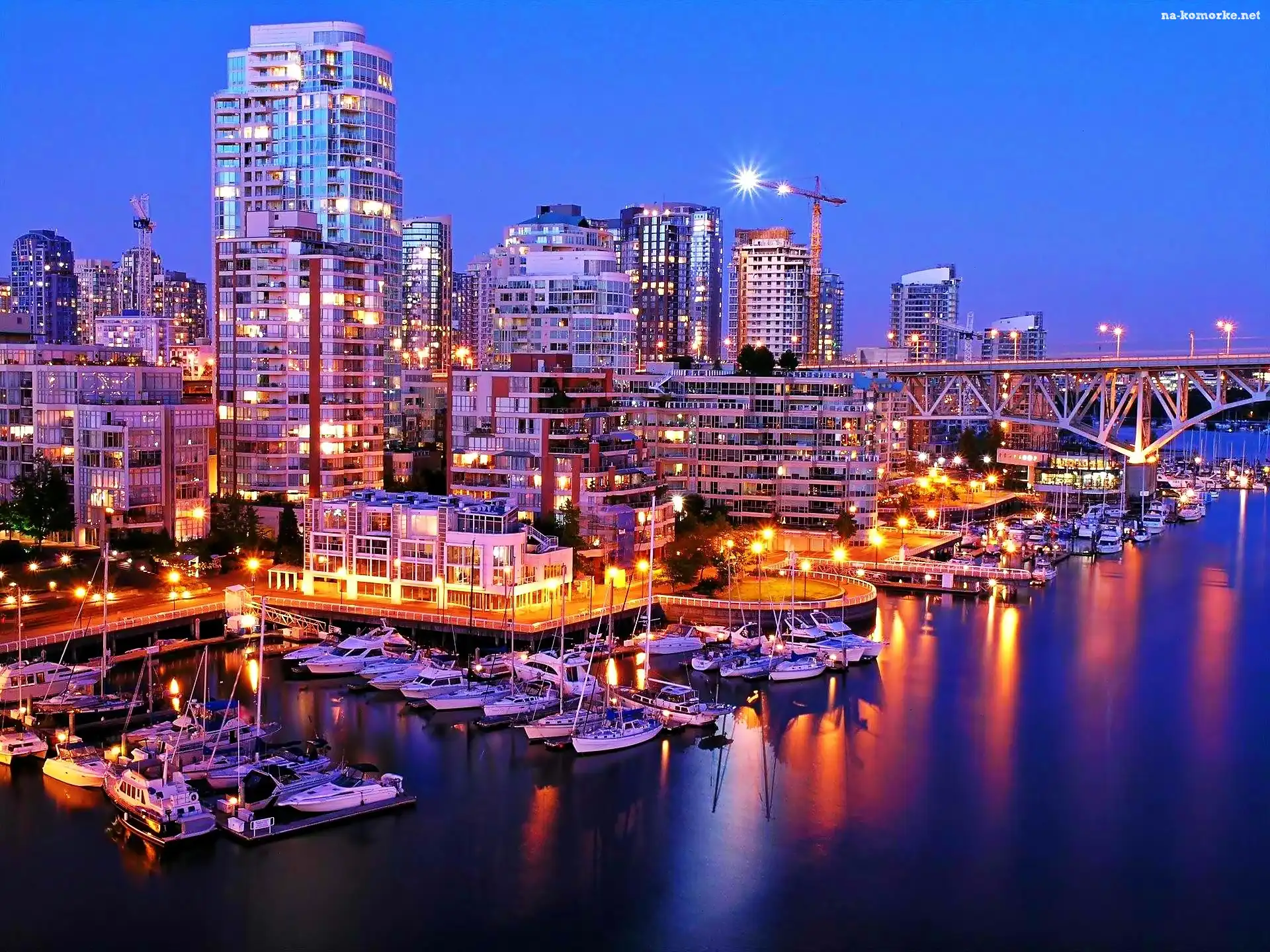 Nocą, Drapacze Chmur, Marina, Jachty, Vancouver