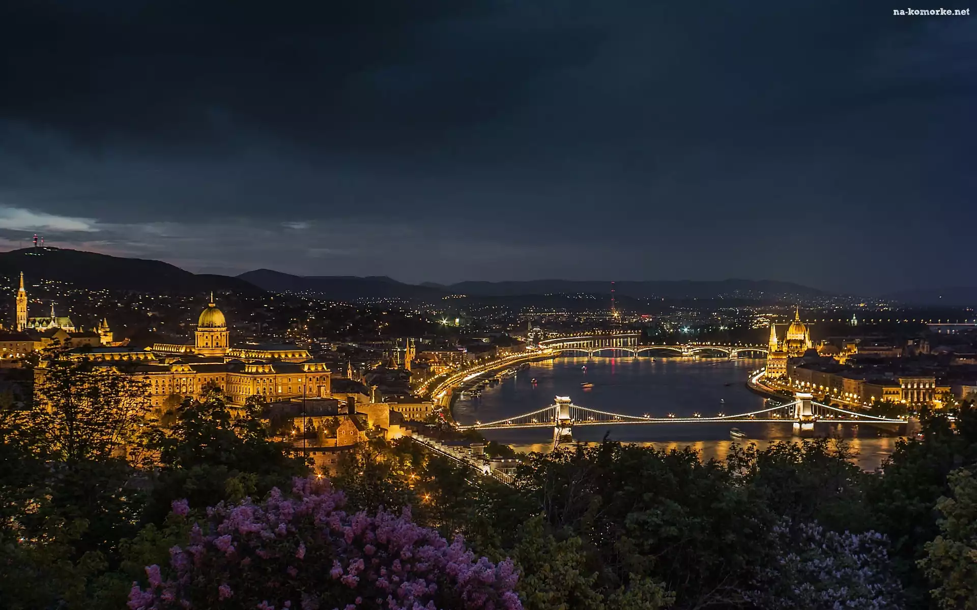 Nocą, Budapeszt, Węgry, Most, Miasto, Rzeka