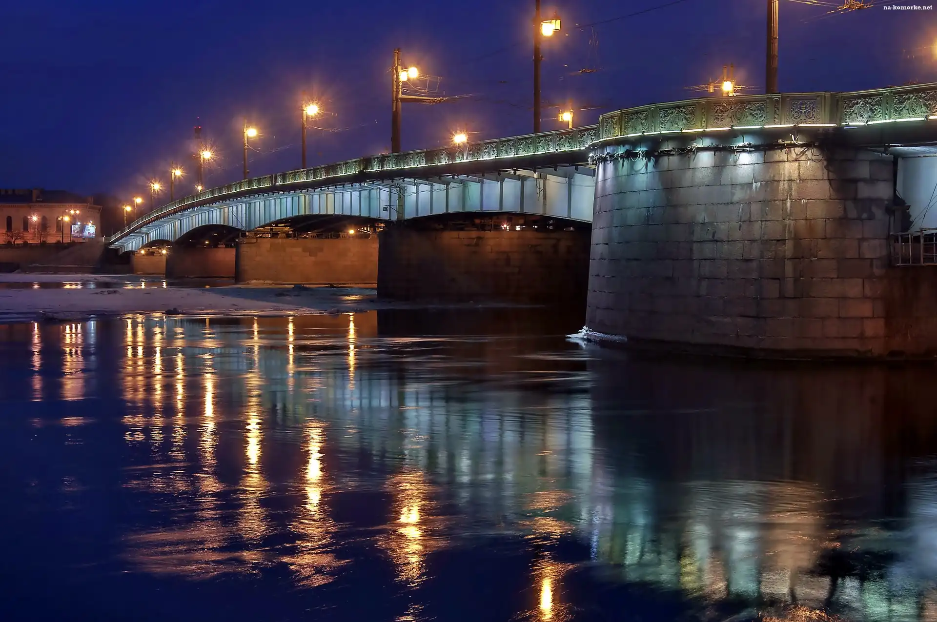 Nocą, Rzeka, Newa, Most, Petersburg