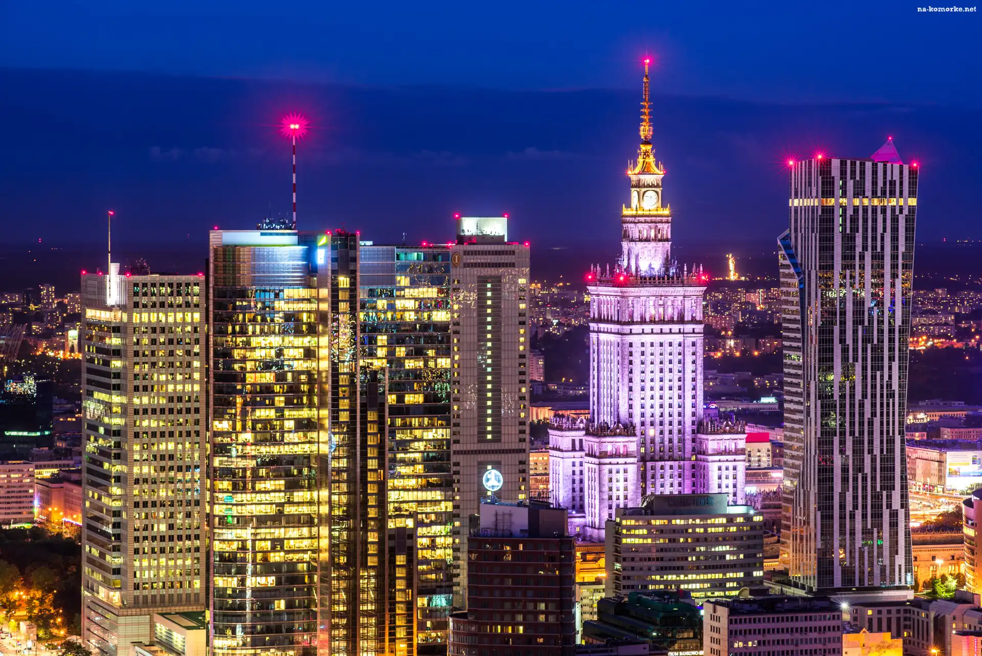 Wieżowce, Polska, Warszawa, Pałac Kultury i Nauki, Miasto nocą