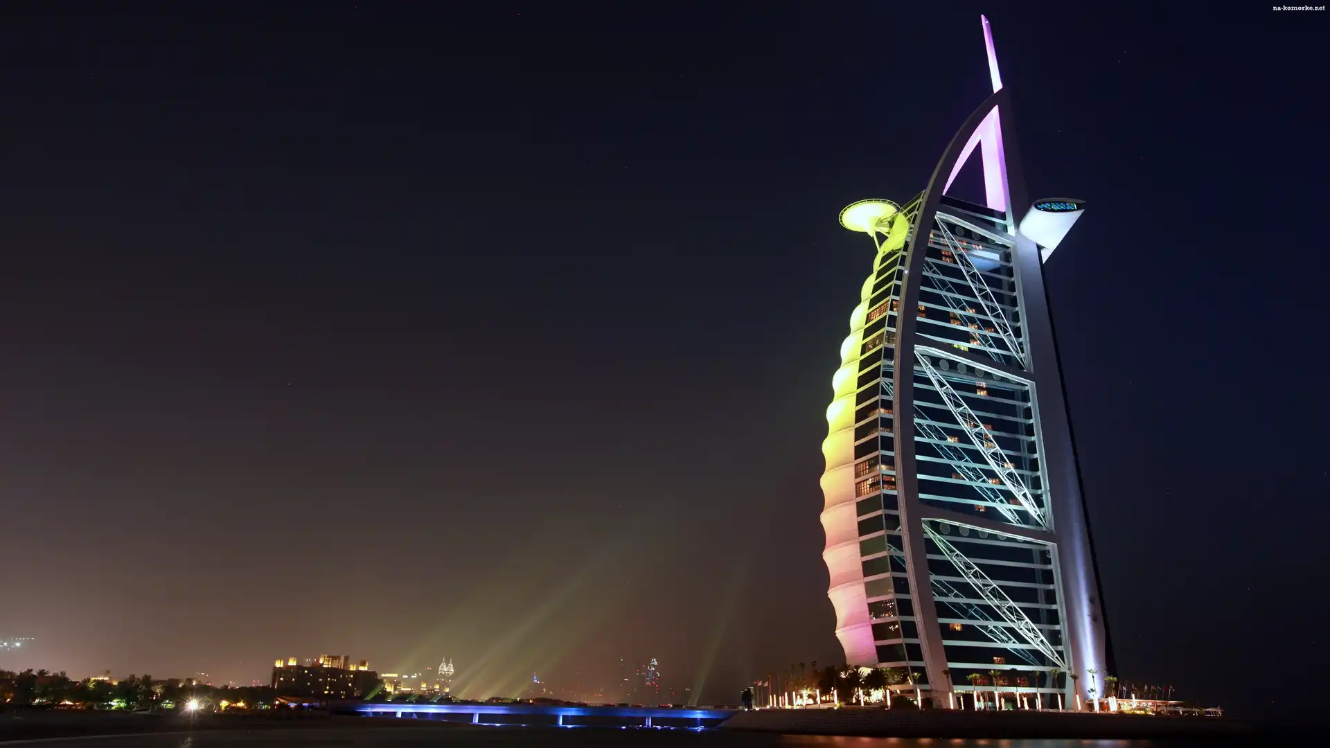 Zjednoczone Emiraty Arabskie, Palmy, Miasto Nocą, Dubaj, Hotel, Burdż al-Arab, Budynki