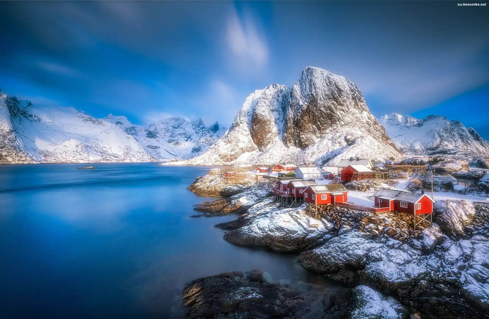 Norwegia, Góry, Morze, Lofoty, Wyspa Moskenesøya, Wioska Hamnøy, Domy