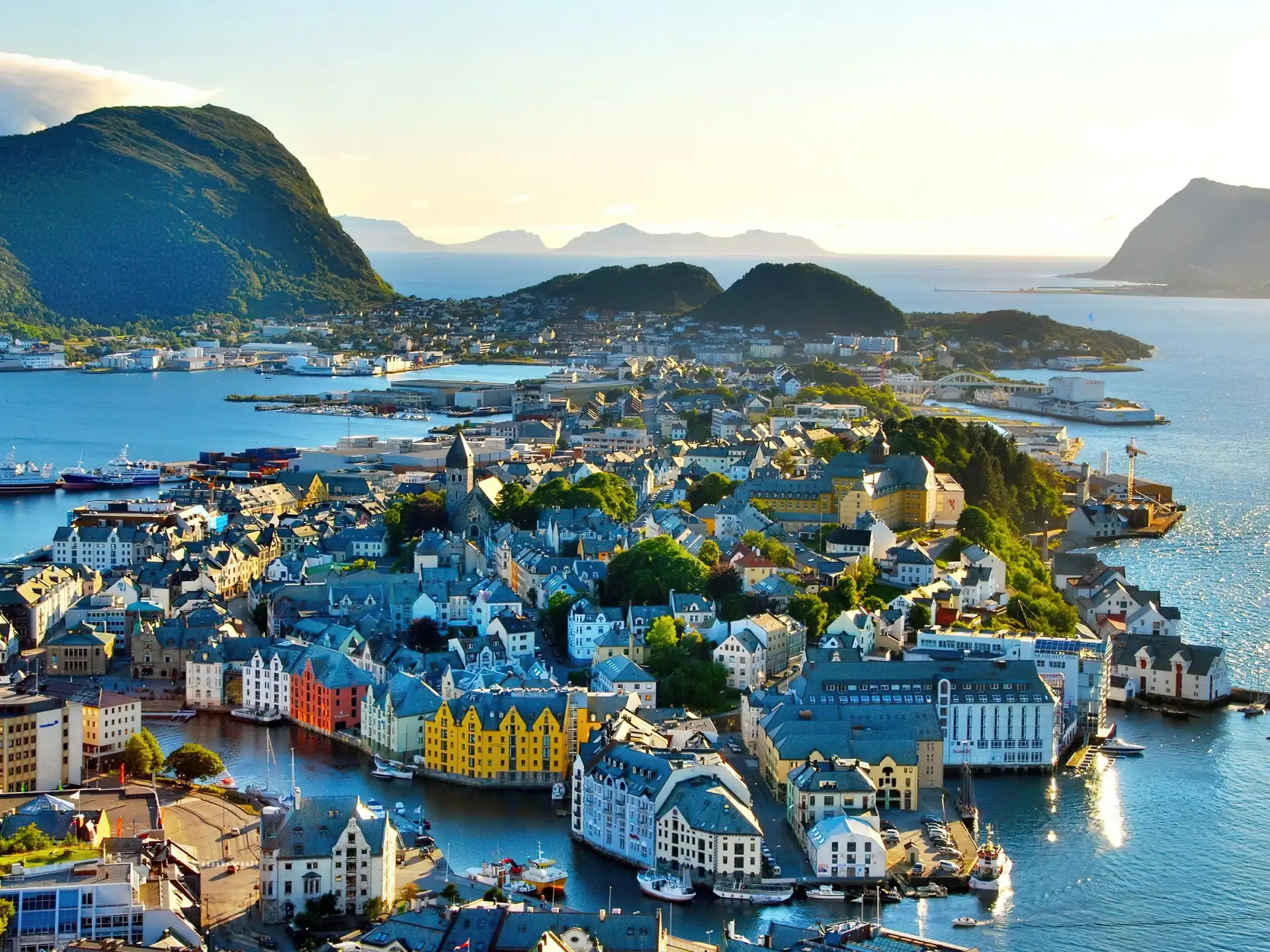 Norwegia, Morze, Panorama, Miasta, Alesund