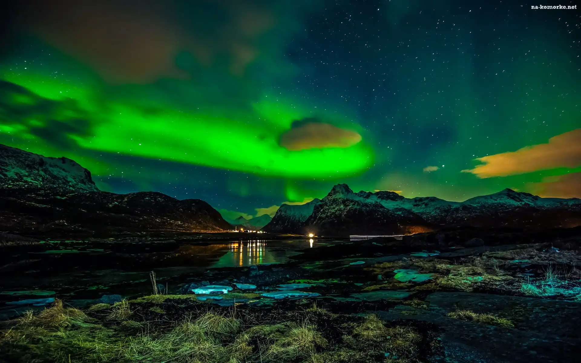 Norwegia, Góry, Morze, Zorza polarna, Lofoty