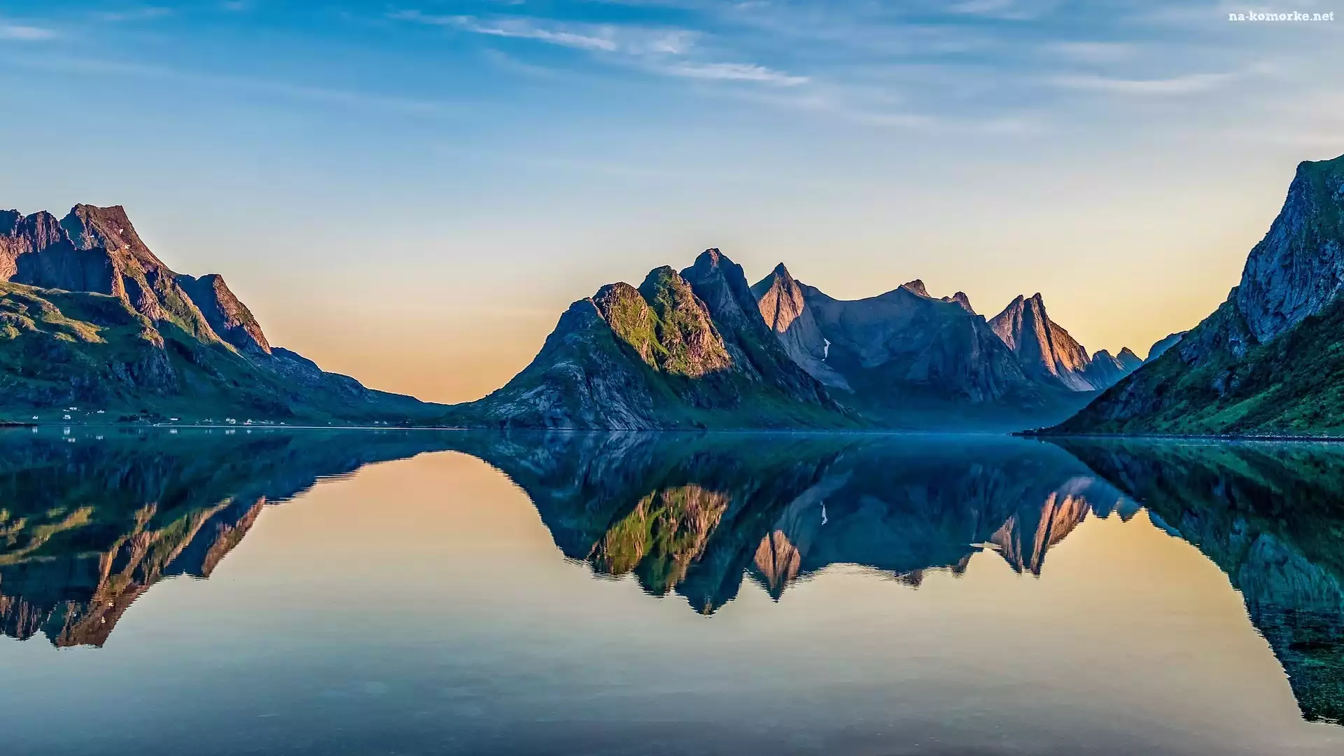 Reinefjorden, Lofoty, Poranek, Norwegia, Jezioro, Odbicie, Góry