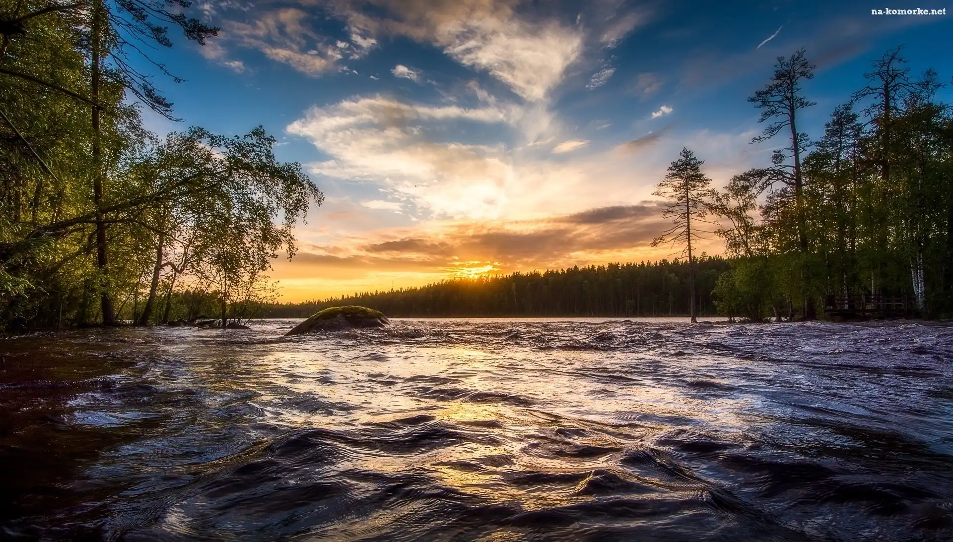 Norwegia, Drzewa, Rzeka Neitijoki, Zachód słońca