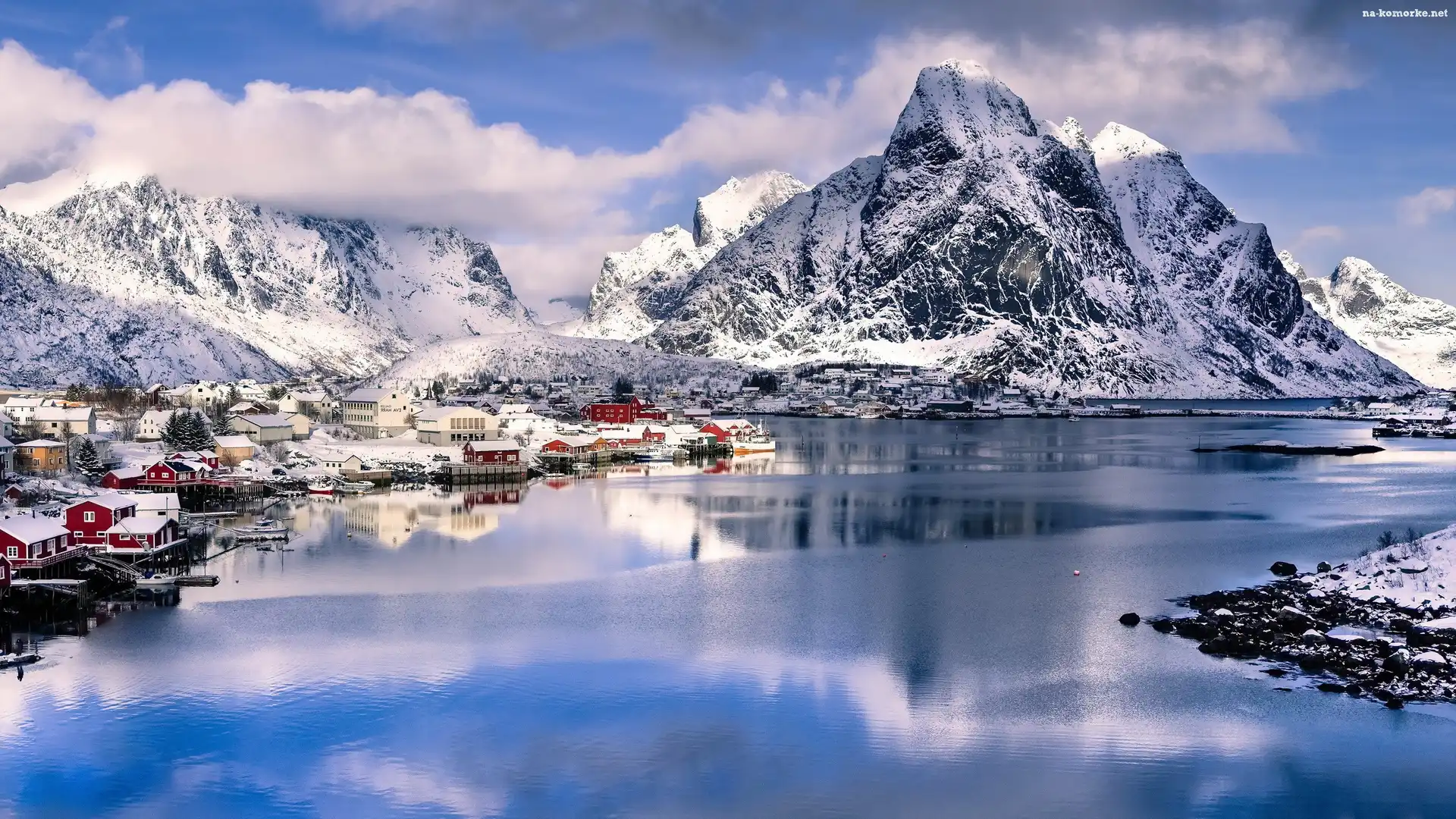 Norwegia, Jezioro, Góry, Domy, Zima, Chmury