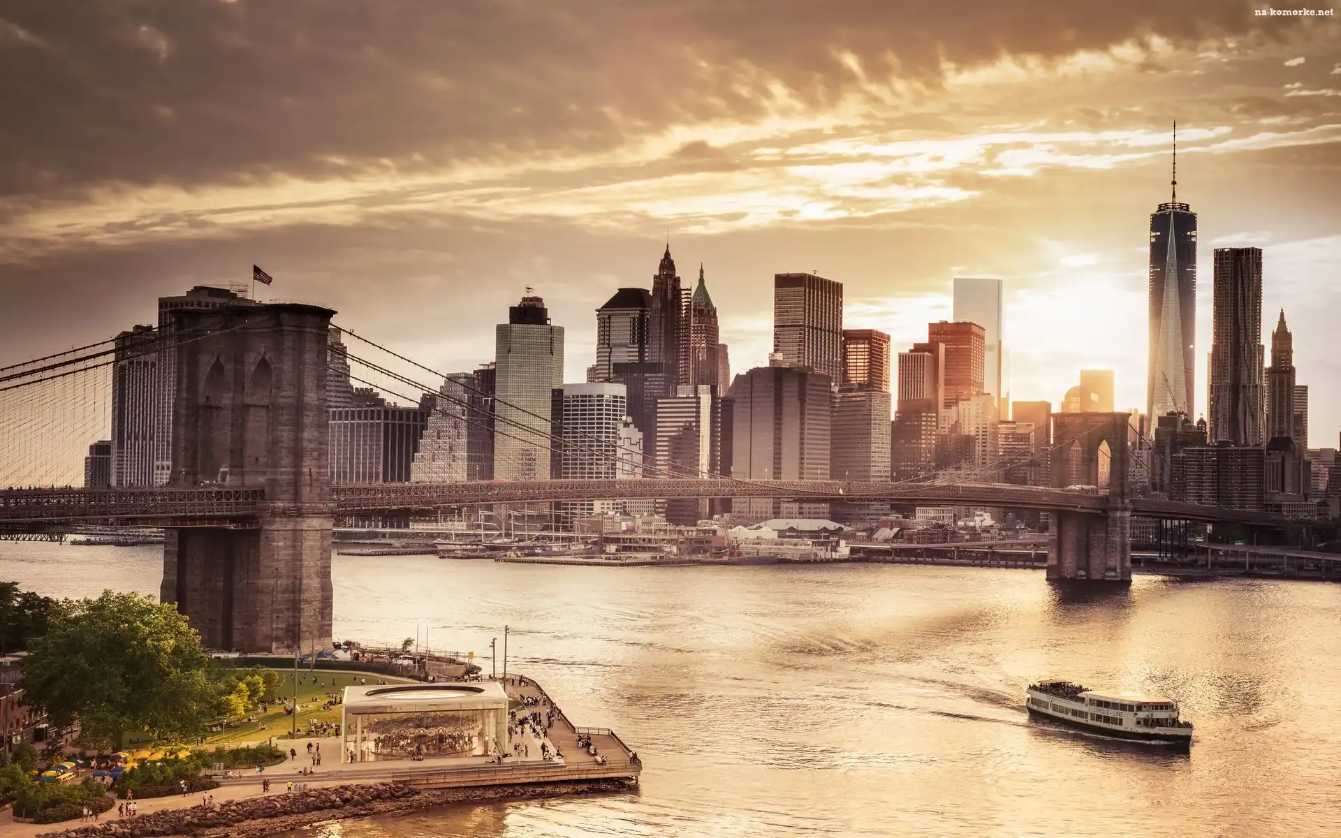Drapacze Chmur, Zachód Słońca, Rzeka, Nowy Jork, Stany Zjednoczone, Most, Brooklyn Bridge
