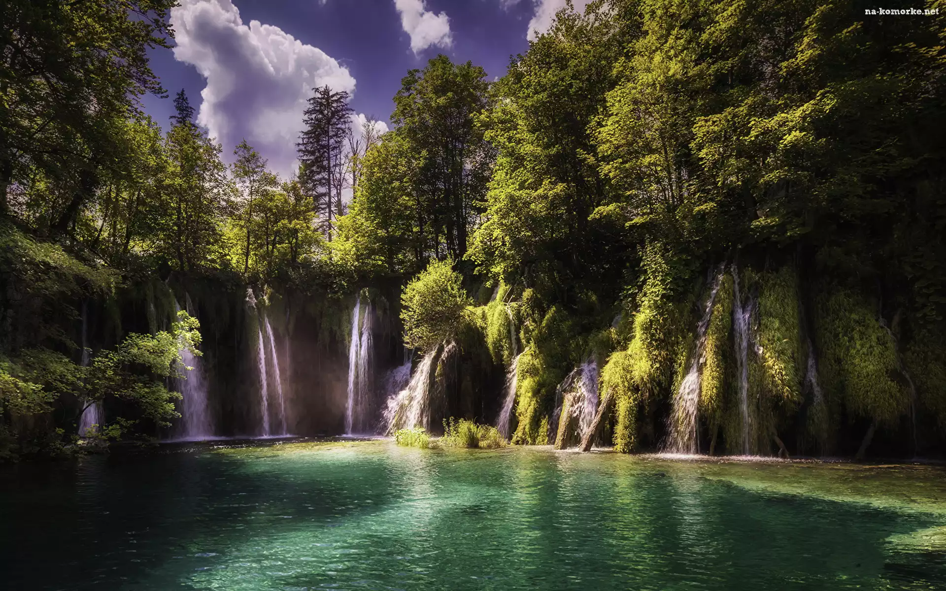 Drzewa, Wodospady, Park Narodowy Jezior Plitwickich, Chorwacja, Skały, Obłoki