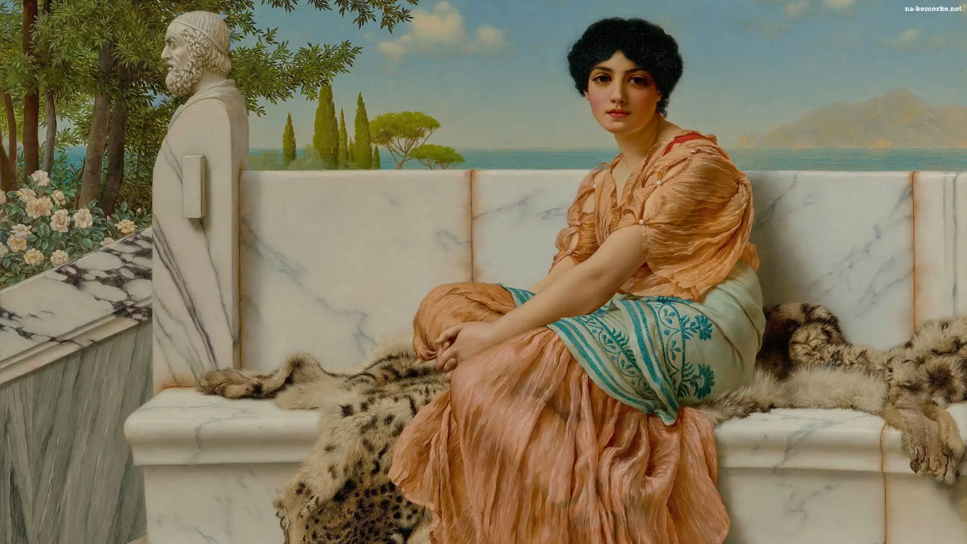 Kobieta, Obraz, Malarstwo, Taras, John William Godward, Ławka