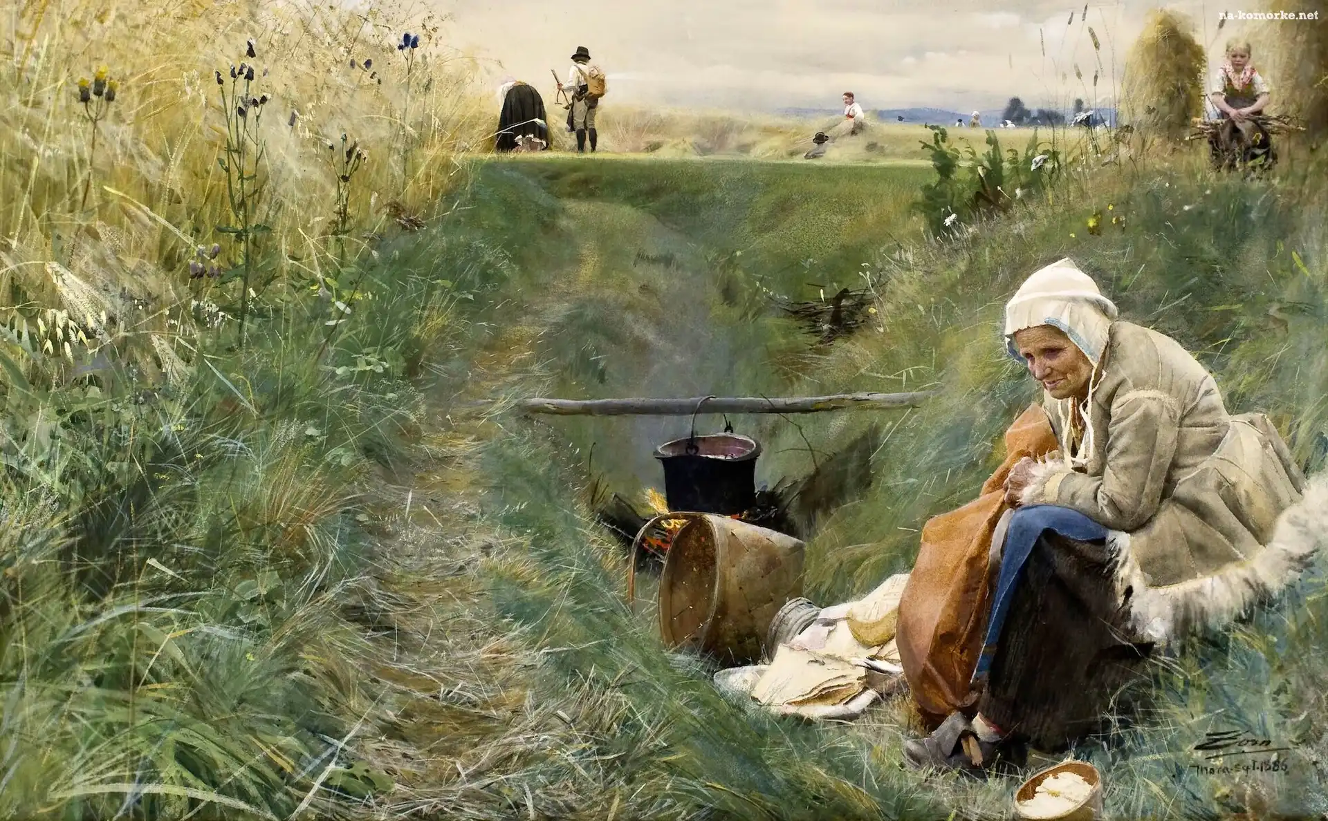 Kobieta, Obraz, Malarstwo, Pole, Anders Zorn, Ognisko