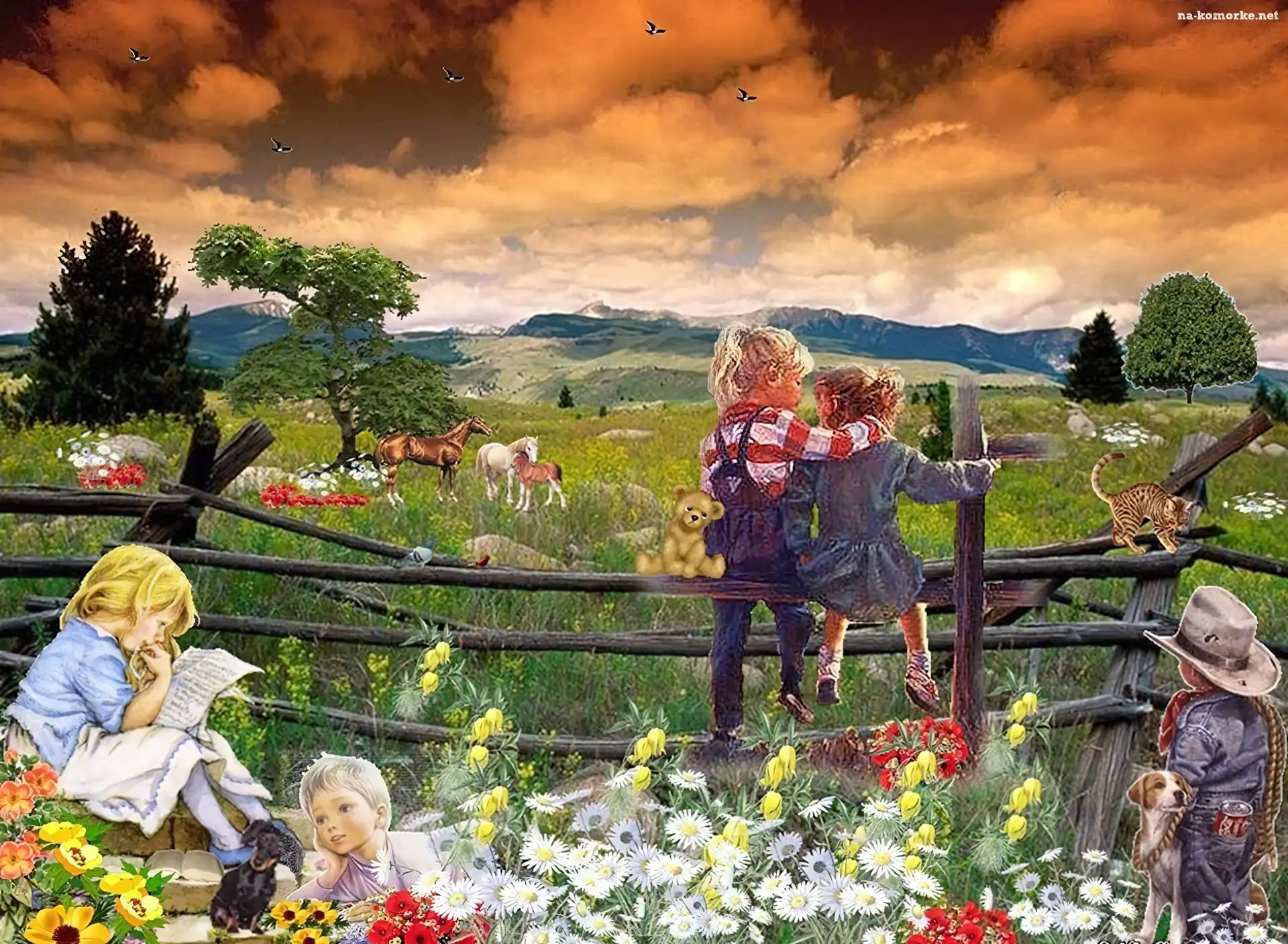 Obraz, Dzieci, Łąka, Kwiaty, Zwierzęta
