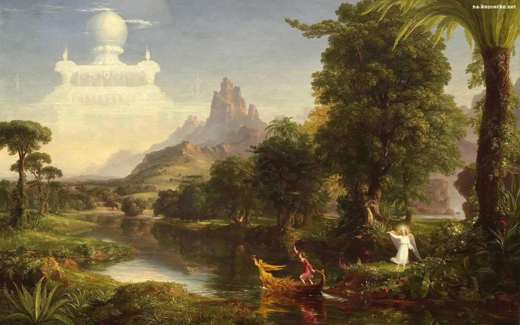 Malarstwo, Łódka, Obraz, Anioł, Thomas Cole, Podróż życia młodość, Rzeka, Zamek