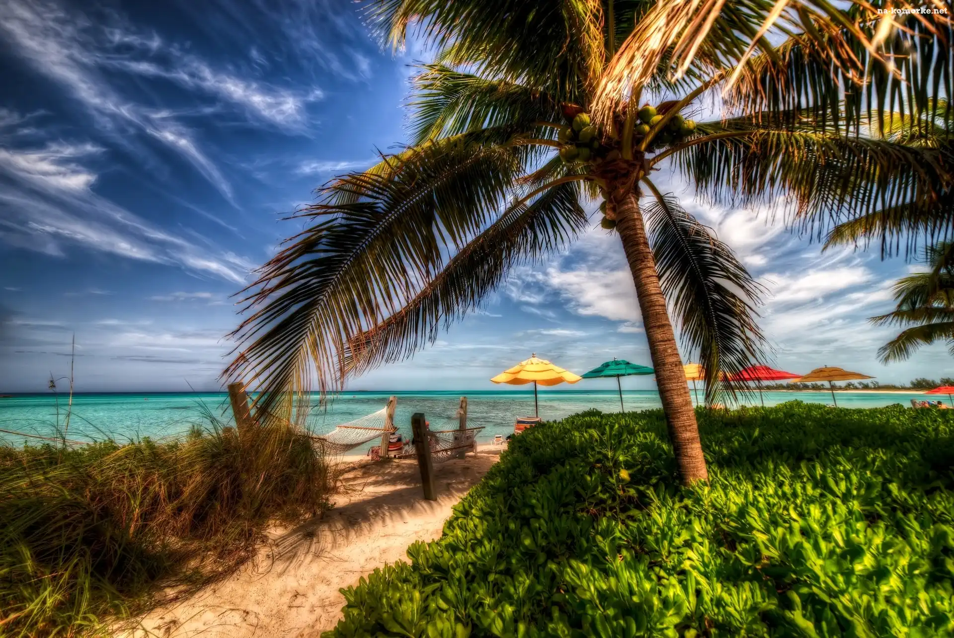 Plaża, Wakacje, HDR, Palmy, Parasole, Ocean, Tropiki