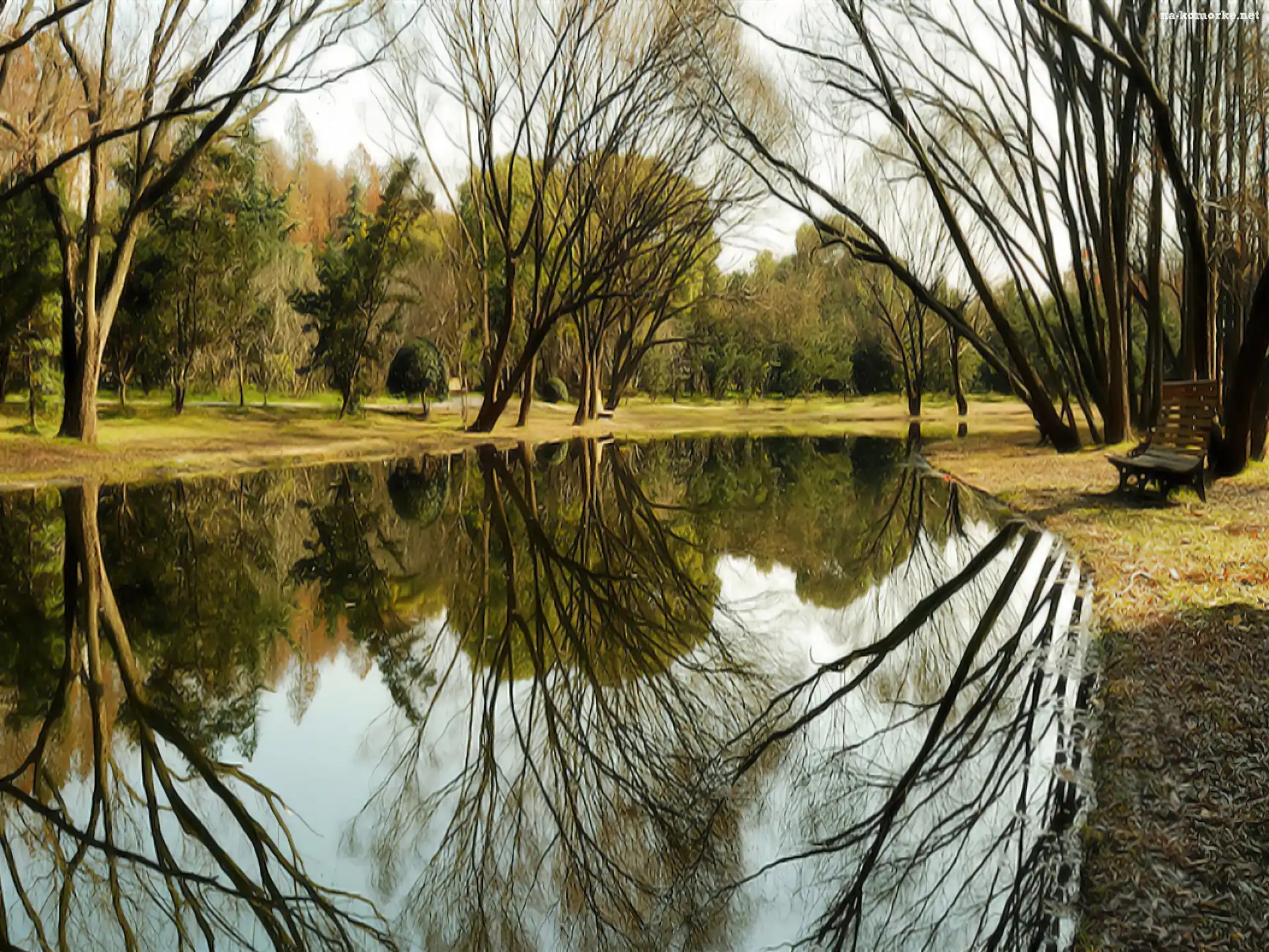 Odbicie, Rzeka, Park, Ławka, Drzewa