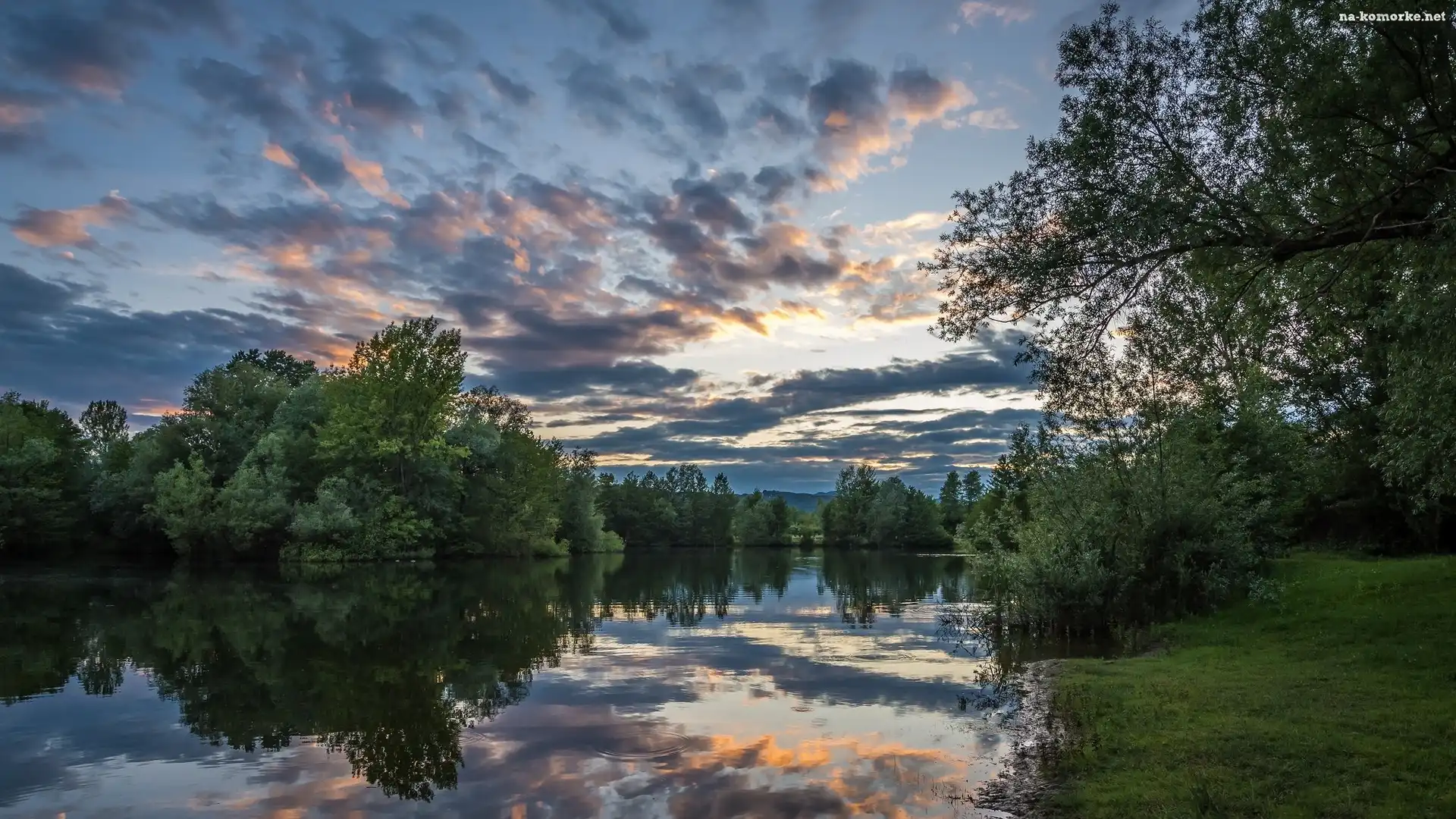 Odbicie, Chorwacja, Jezioro Bobovica, Drzewa, Chmury