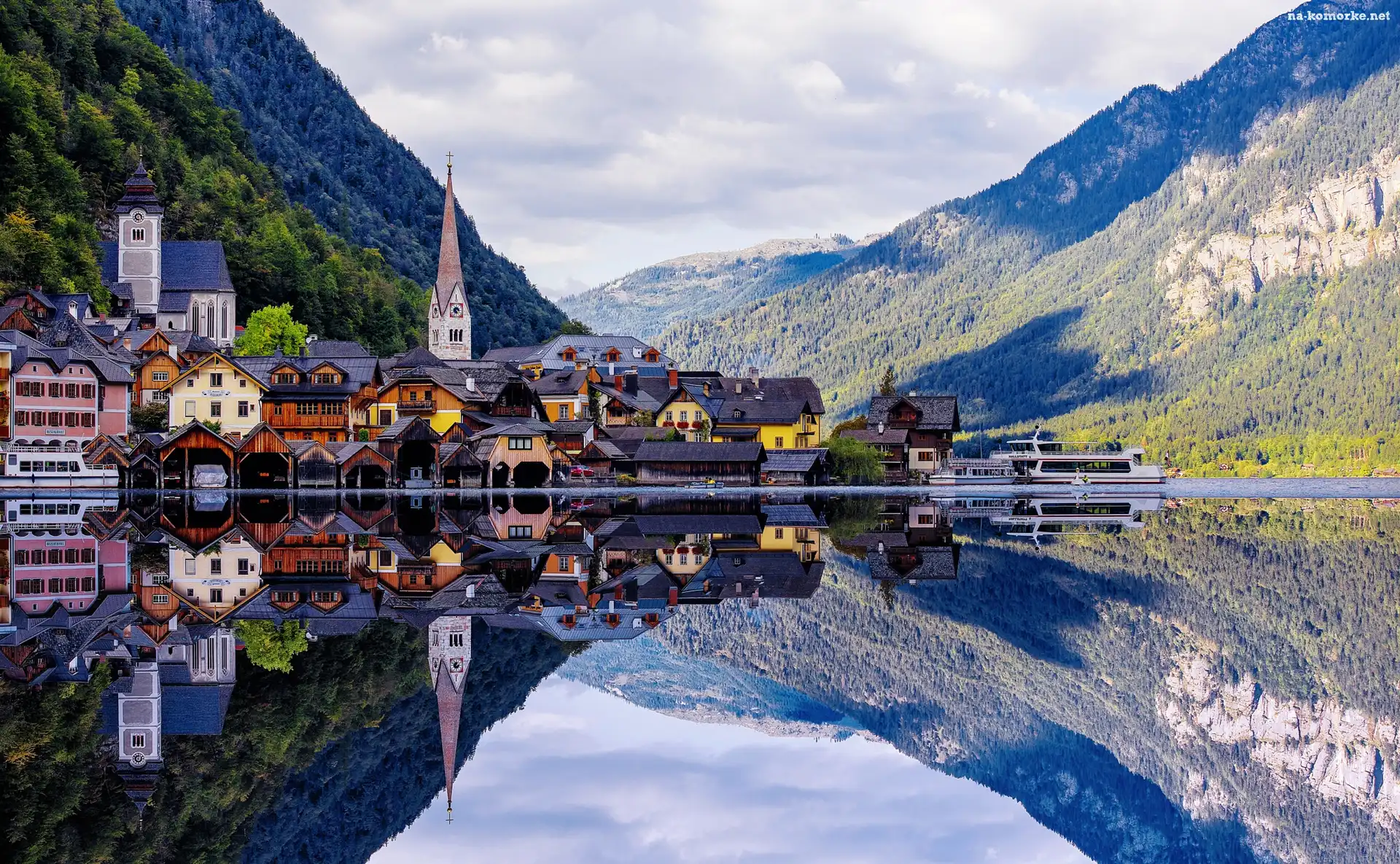 Odbicie, Hallstatt, Austria, Jezioro, Góry Alpy
