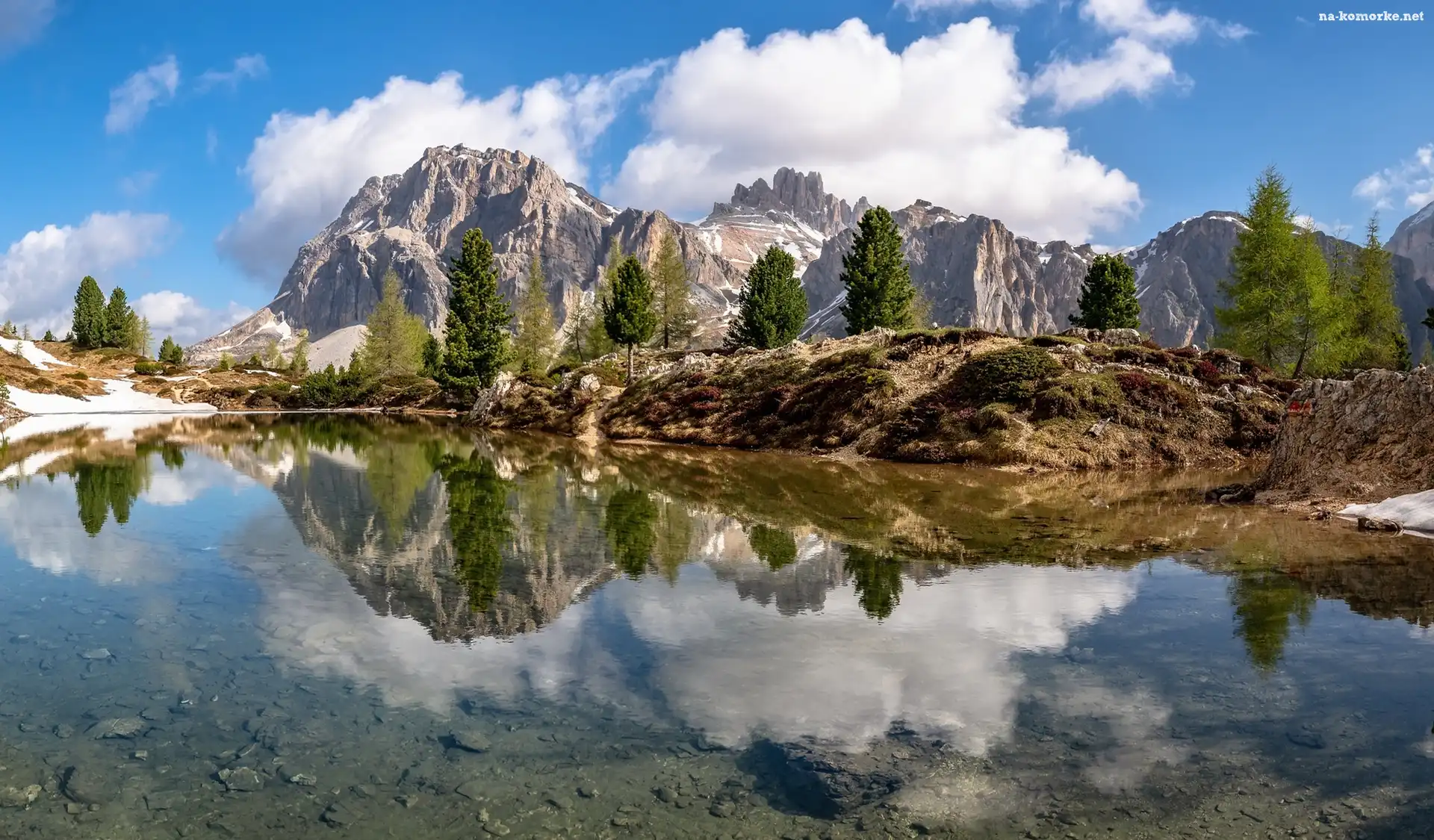 Jezioro, Góry, Chmury, Lago Limides, Włochy, Dolomity, Tyrol, Drzewa, Odbicie